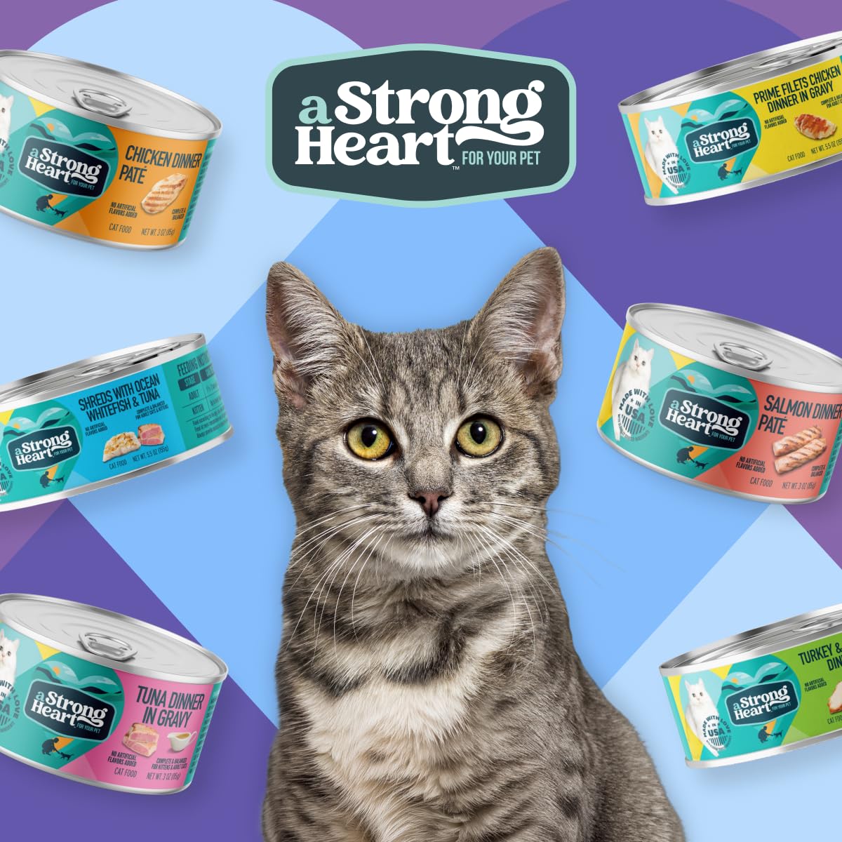 A Strong Heart Canned Wet Cat Food, Dinner Variety Pack - 5.5 oz Cans (Pack of 32), Made in The USA with Real Chicken, Turkey &
