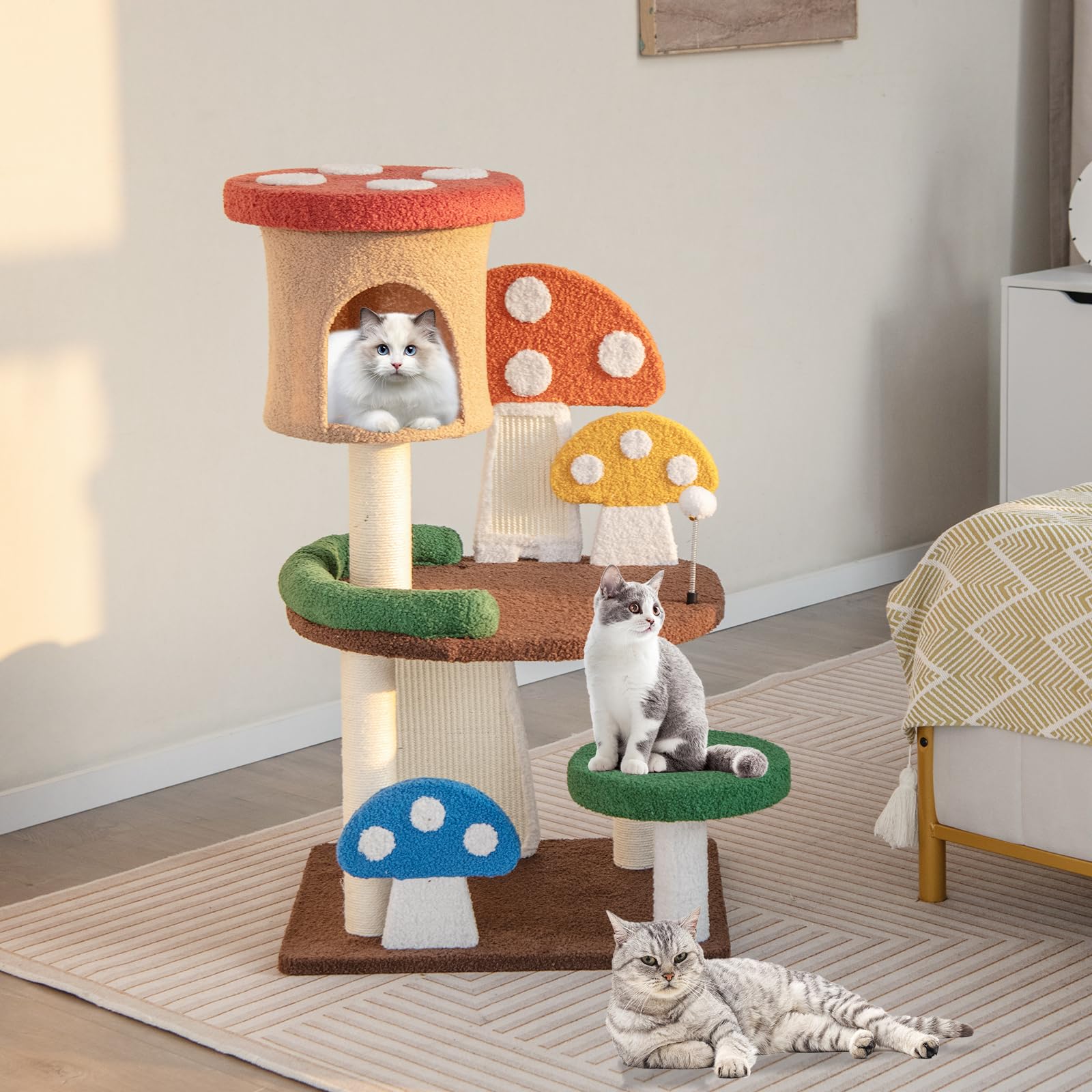 Tangkula Mushroom Cat Tree, Cute Cat Tower With Full-Wrapped Sisal Post, Scratching Board & Spring Ball, Cat Condo, Flower Cat T