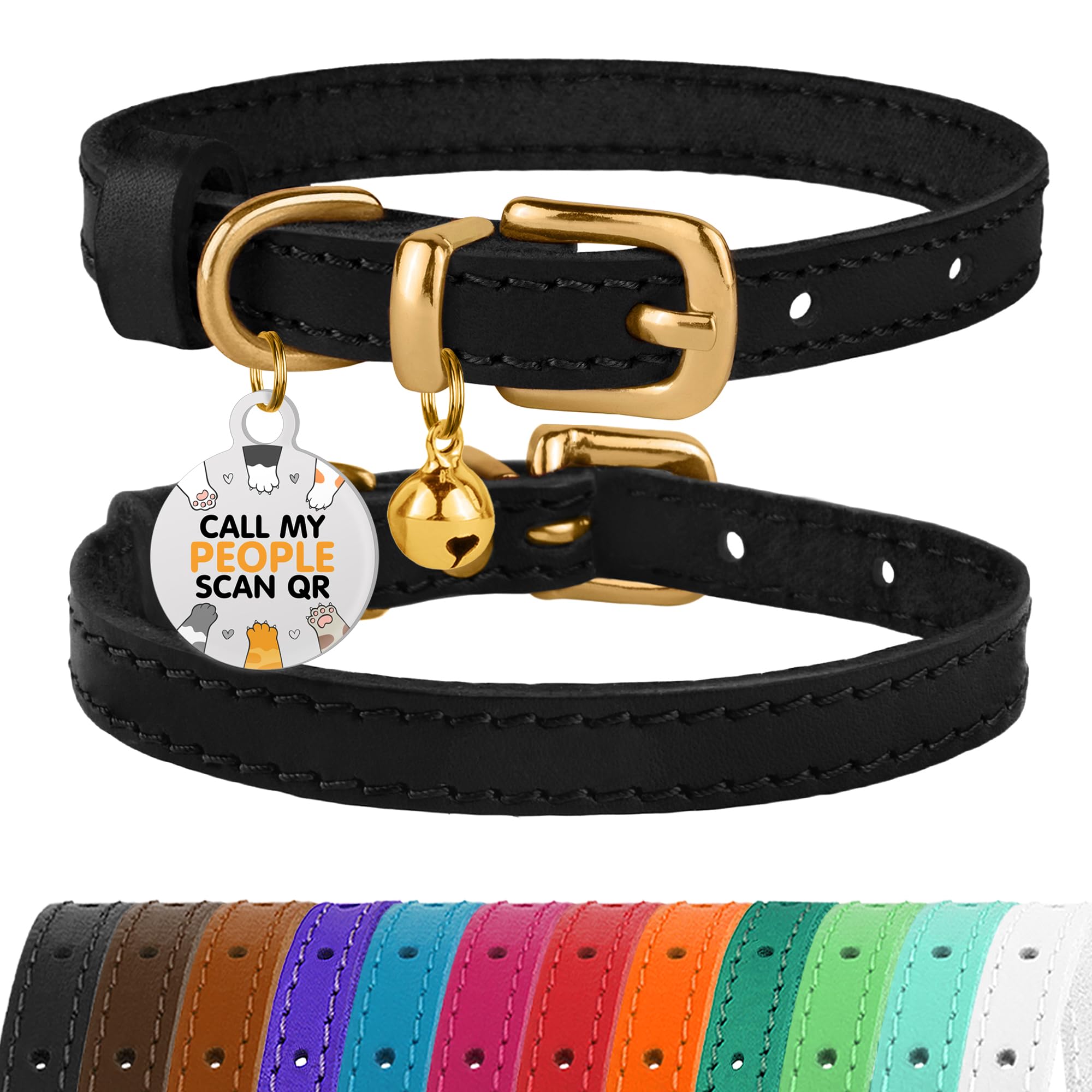 Bronzedog Leather Cat Collar With Bell Non Breakaway Kitten Qr Tag For Girl Boy (7'' - 9'' For Cats, Black & Gold)