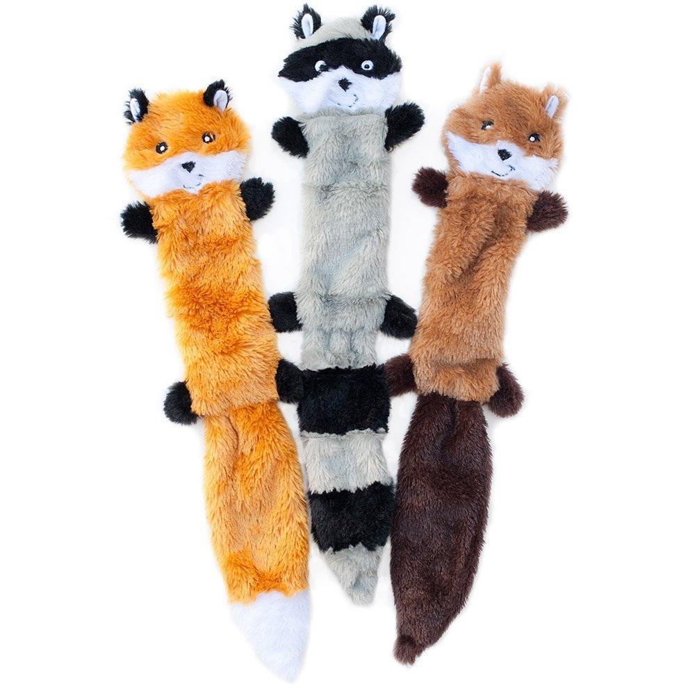 Zippypaws Skinny Peltz - Fox, Raccoon, & Squirrel - No Stuffing Squeaky Dog Toys, Unstuffed Chew Toy For Small & Medium Breeds, Bulk Multi-Pack Of 3 Soft Plush Toys, Flat No Stuffing Puppy Toys - 18'
