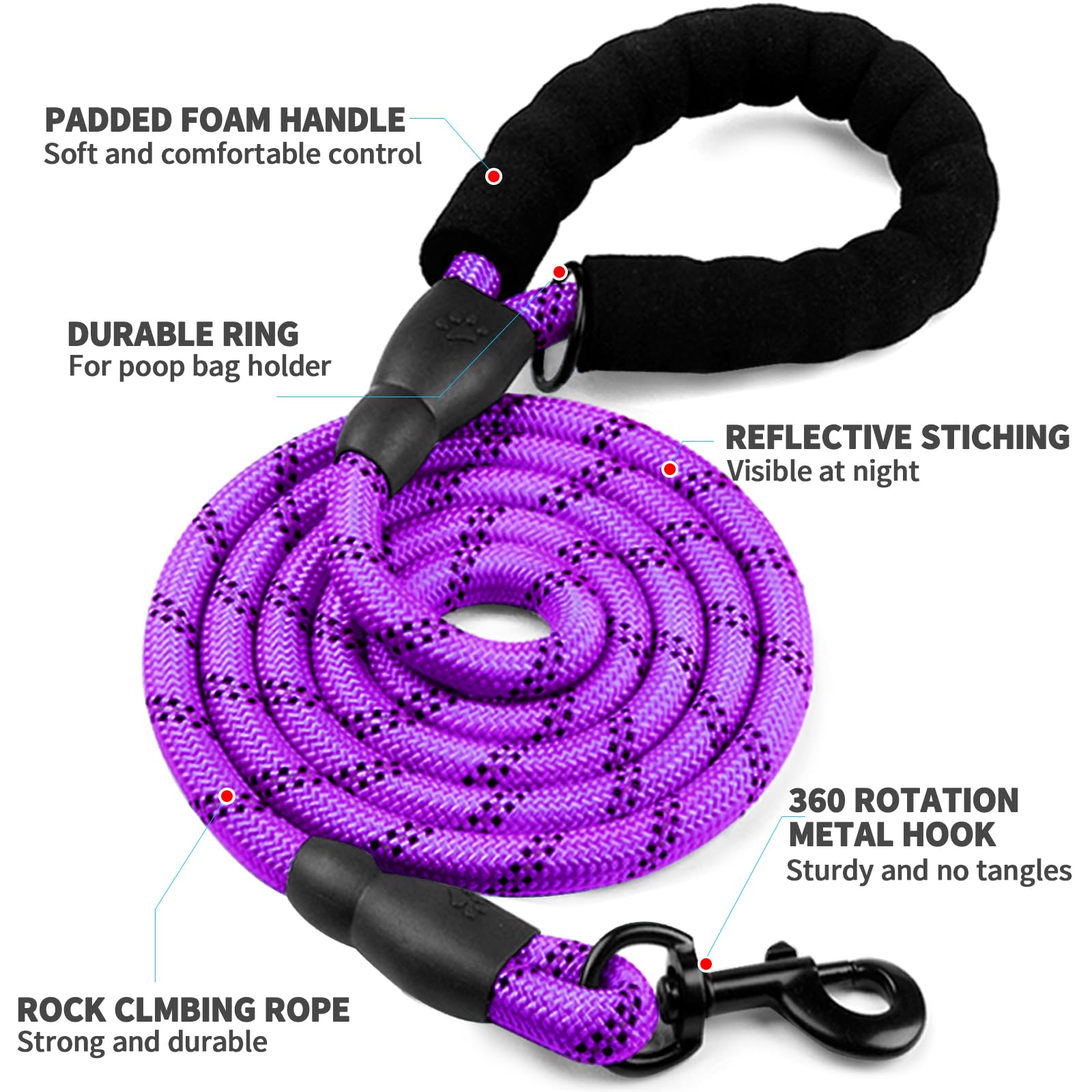 Cooyoo Dog Leash 6 Ft Heavy Duty - Comfortable Padded Handle - 1/2 Inch Reflective Dog Leash For Medium Large Dogs With Poo Bag