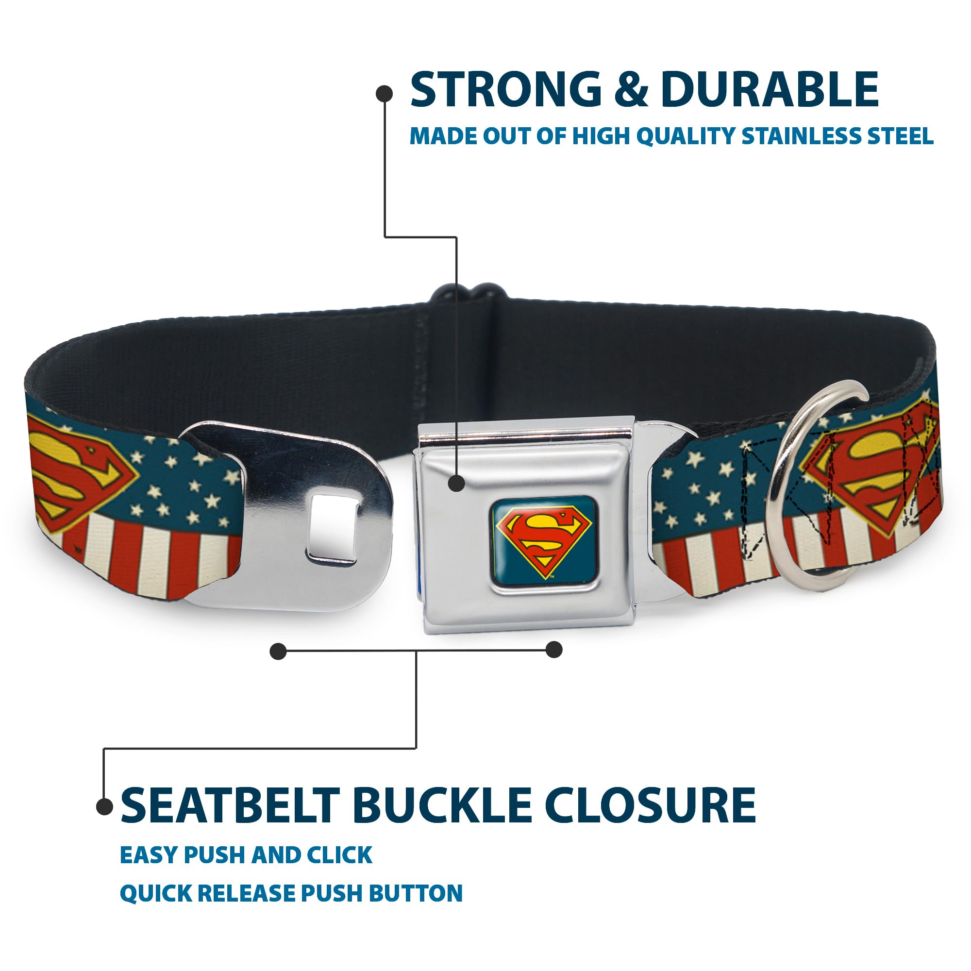 Buckle-Down Seatbelt Buckle Dog Collar - Superman Shield Americana Red/White/Blue/Yellow - 1' Wide - Fits 9-15' Neck - Small