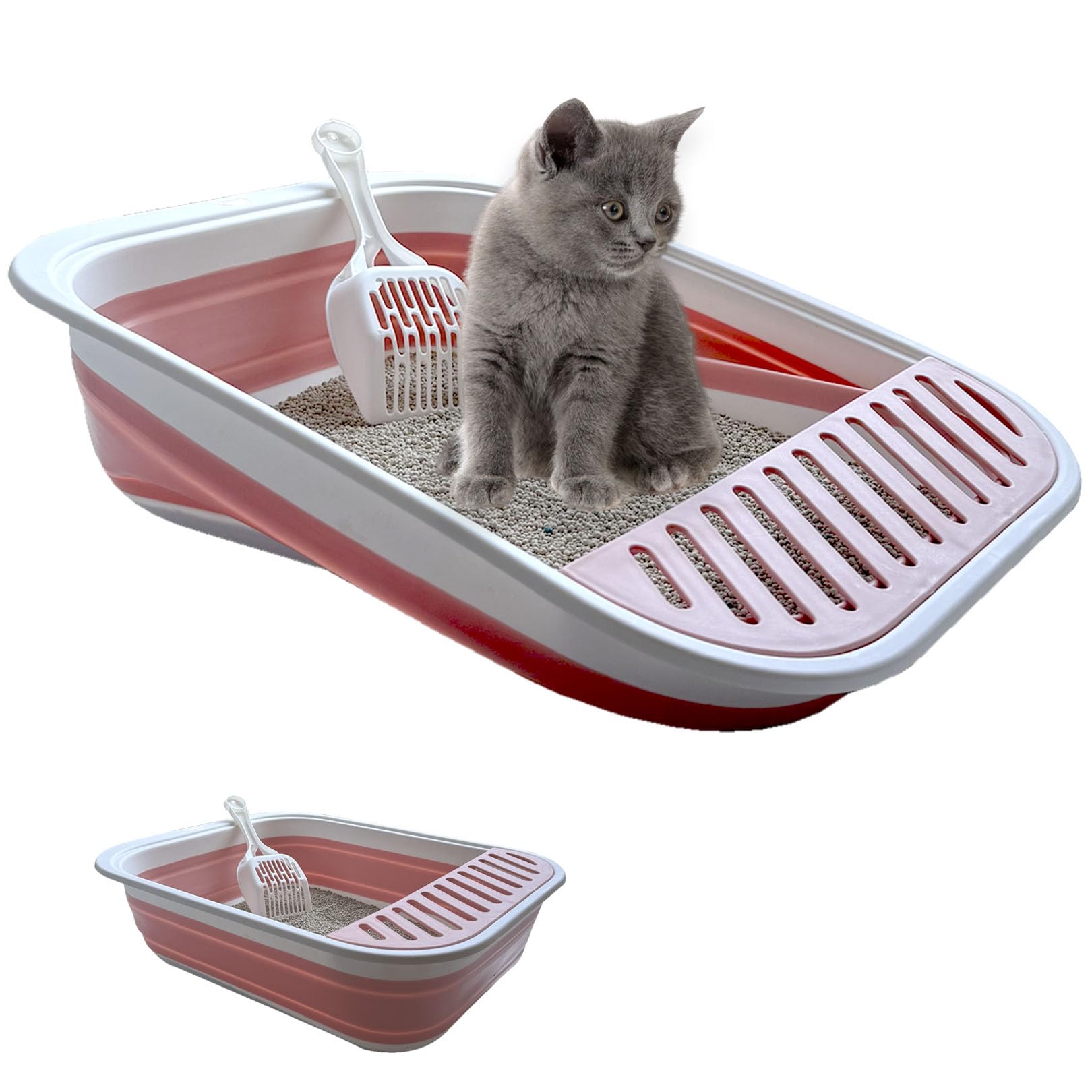 Collapsible Kitten Litter Box, 17.7 x 13.4 x 5 inch Shallow Travel Litter Box Senior Cats Open Cat Potty Pan with Scoop Anti-Spl