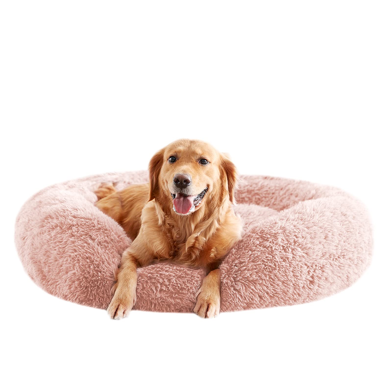 Urgvanz Pet Dog Beds For Large Dogs, Pink Calming Dog Bed, Plush Fluffy Round Cuddler, Machine Washable Dount Dog Bed, 34Inch An