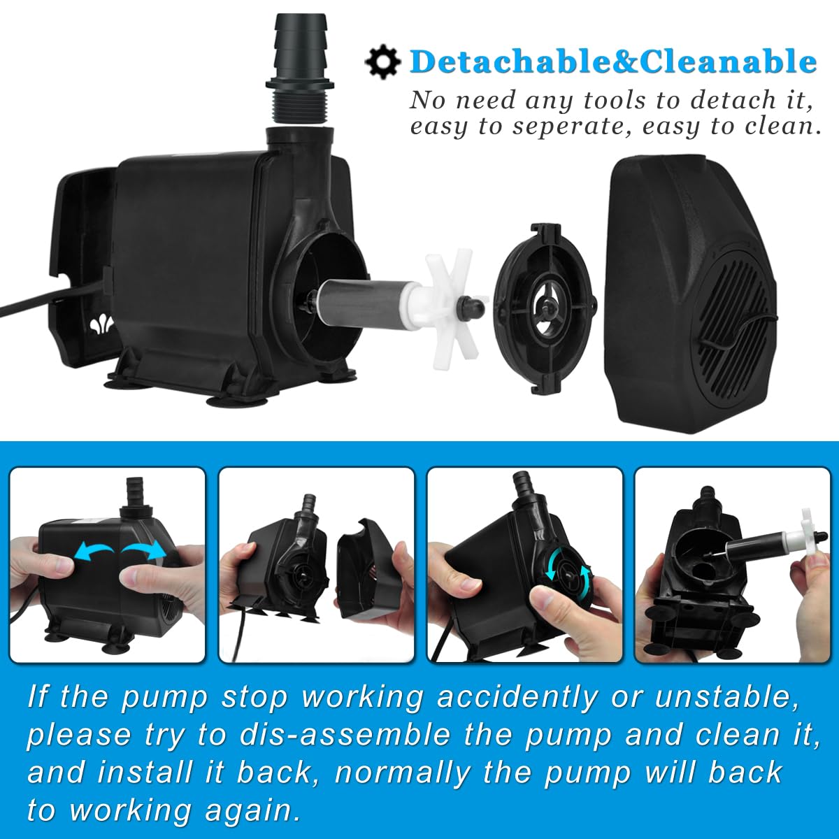 PULACO 800GPH Submersible Pump, 45W Durable Fountain Pump with 6.5 ft Tubing, 4 Nozzles for Fish Tank or Pond, Black, Model