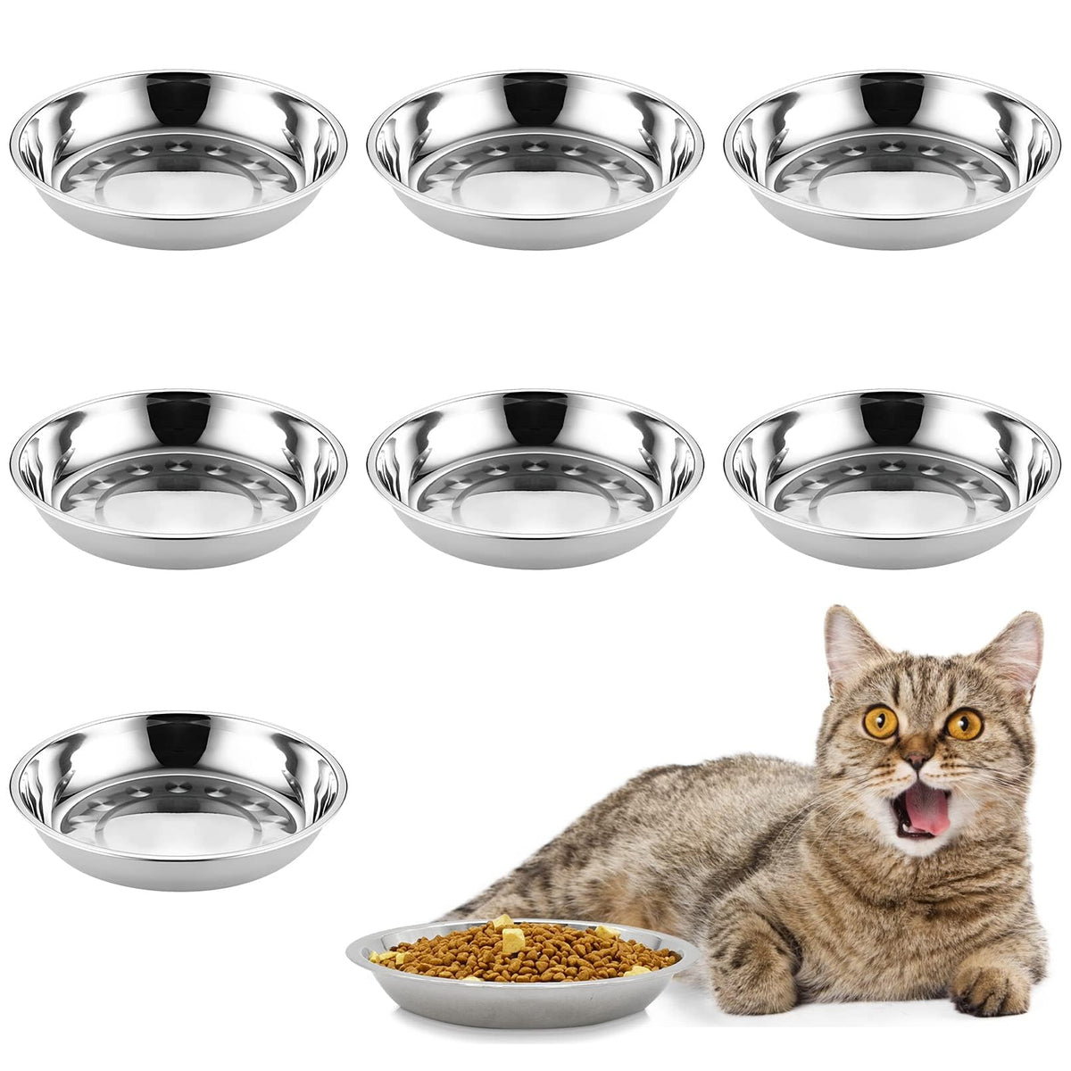 Kathson 8 Pcs Stainless Steel Cat Food Bowls, Replacement Whisker Relief Cat Metal Dishes, Shallow Wide Cat&Dog Food And Water Bowl Suitable For Pet Feeding Stand, Dishwasher Safe (7.00 Inch Dia.)