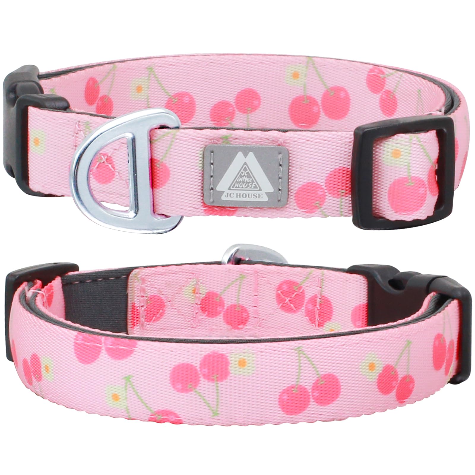 Jc House Dog Collar For Large Dogs With Reflective Logo And Soft Padded Neoprene,Pink Cherry Design,Adjustable,Lightweight & Dur