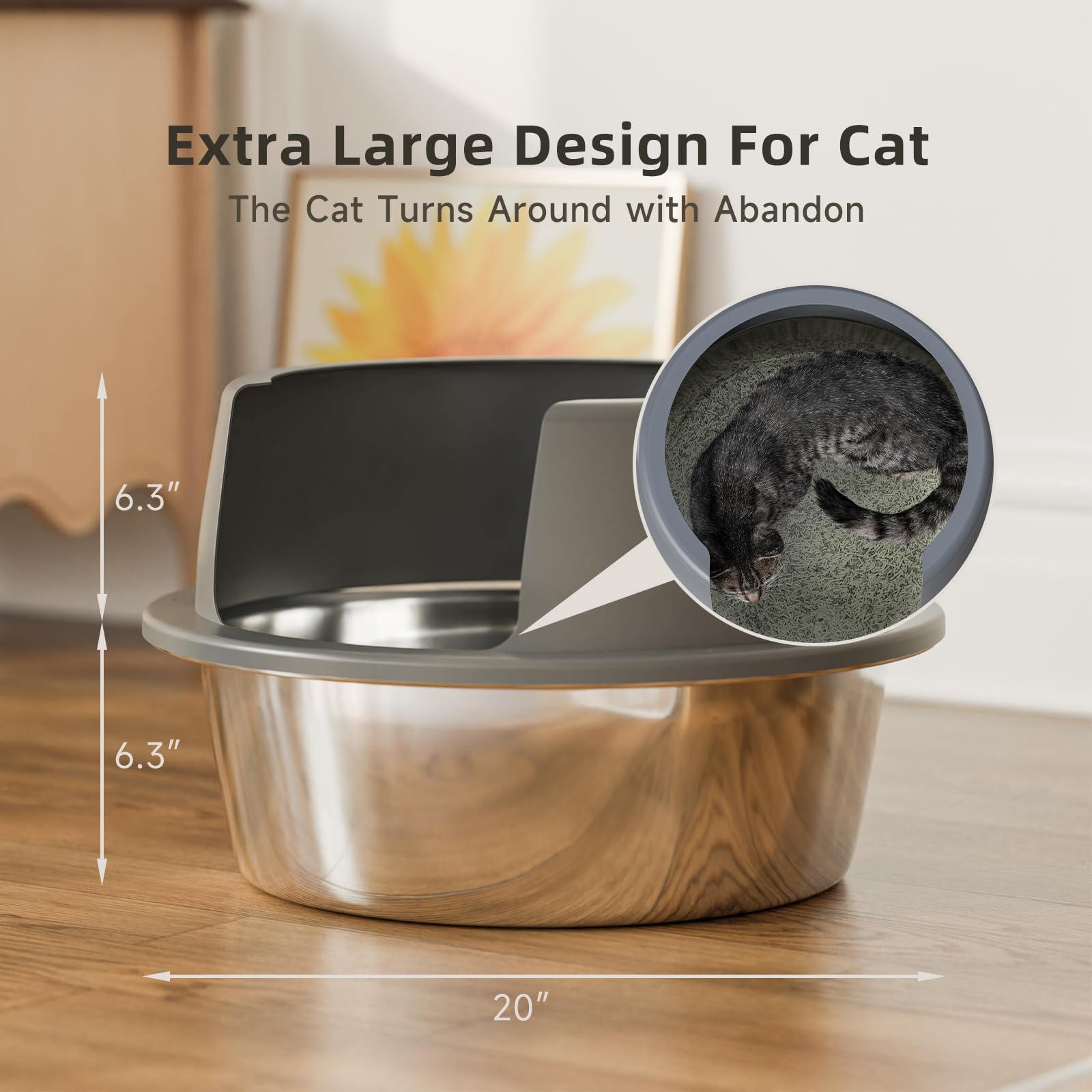 Booche Round High-Sided Stainless Steel Cat Litter Box,Stainless Steel Litter Box With Lid,Extra Large Box,Easy-To-Clean Metal L
