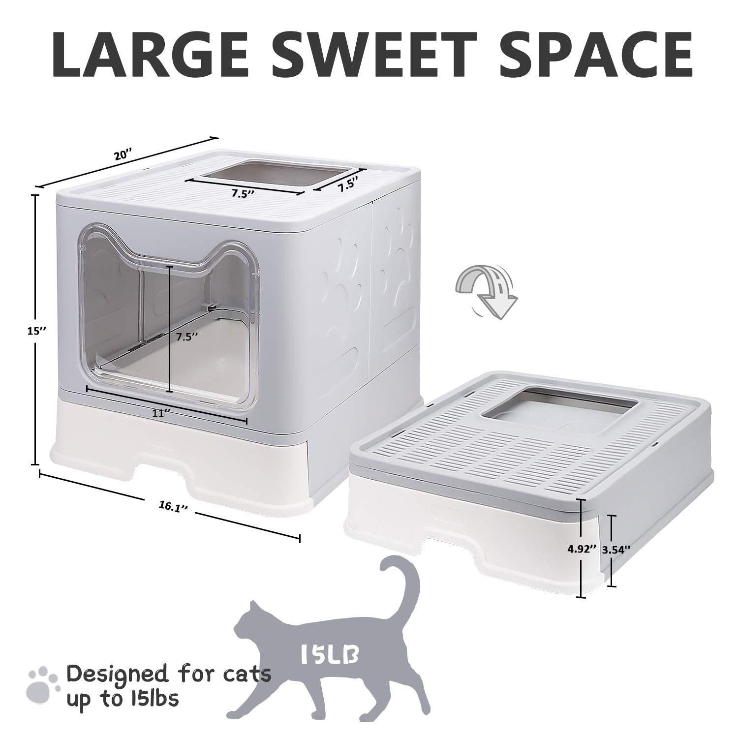 Foldable Cat Litter Box With Lid, Enclosed Cat Potty, Top Entry Anti-Splashing Cat Toilet, Easy To Clean Including Cat Litter Scoop And 2-1 Cleaning Brush (Grey), Large