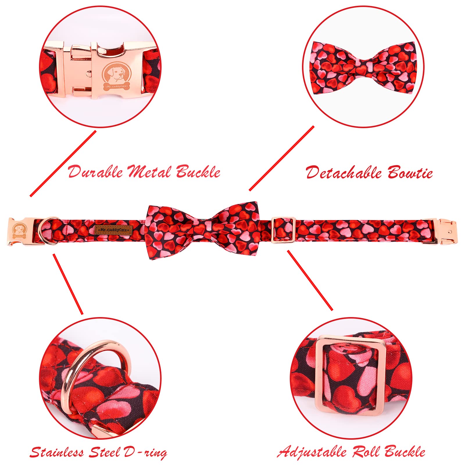 Mr. Chubbyface Valentine Dog Collar Pink Love Dog Collar With Bow Adjustable Dog Collar Bowtie For Small Medium Large Dogs