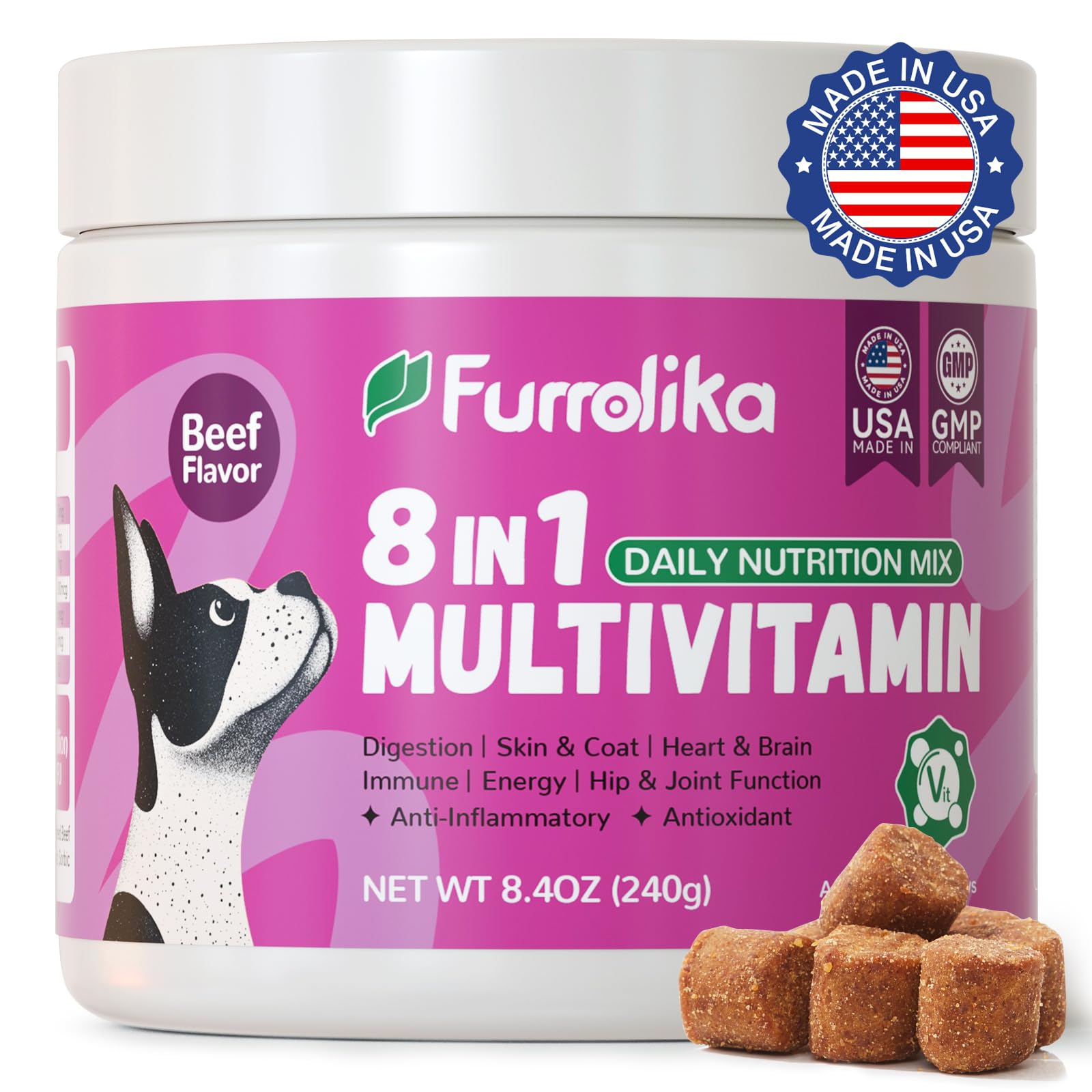 Furrolika 60 Count Multivitamin Soft Chews -Made in The USA- Dog Vitamins and Supplements with Glucosamine, Chondroitin, Digesti