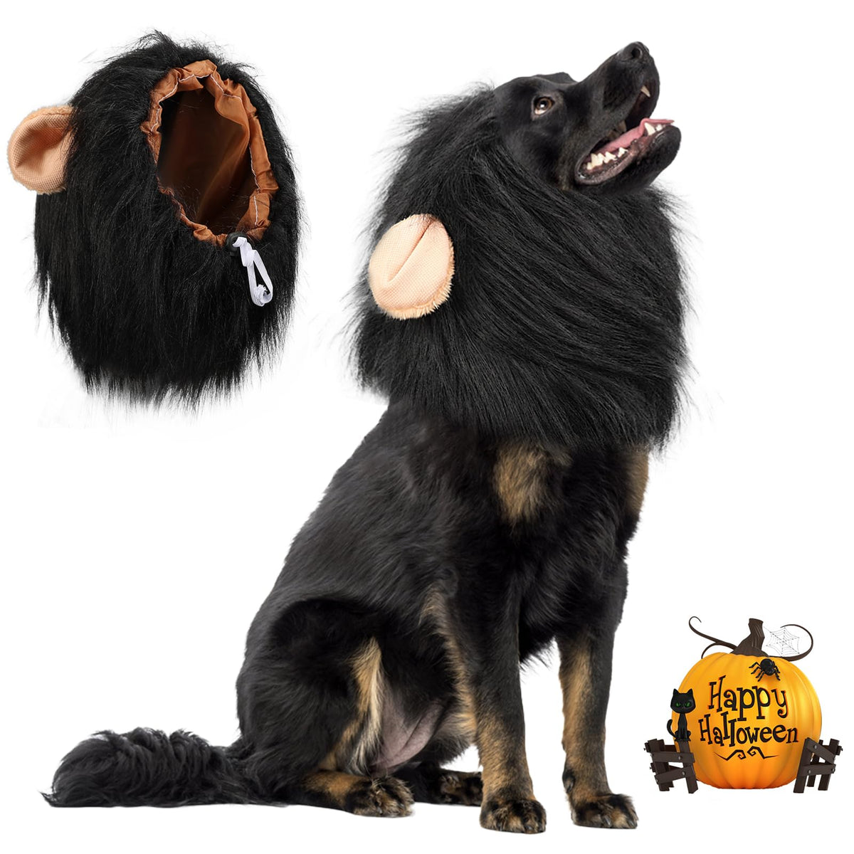 Vivifying Lion Mane Dog Costume, Adjustable Lion Wig With Faux Fur For Medium Dogs, Halloween Pet Accessory Perfect For Parties, Photoshoots, And Role-Playing (Medium, Black)