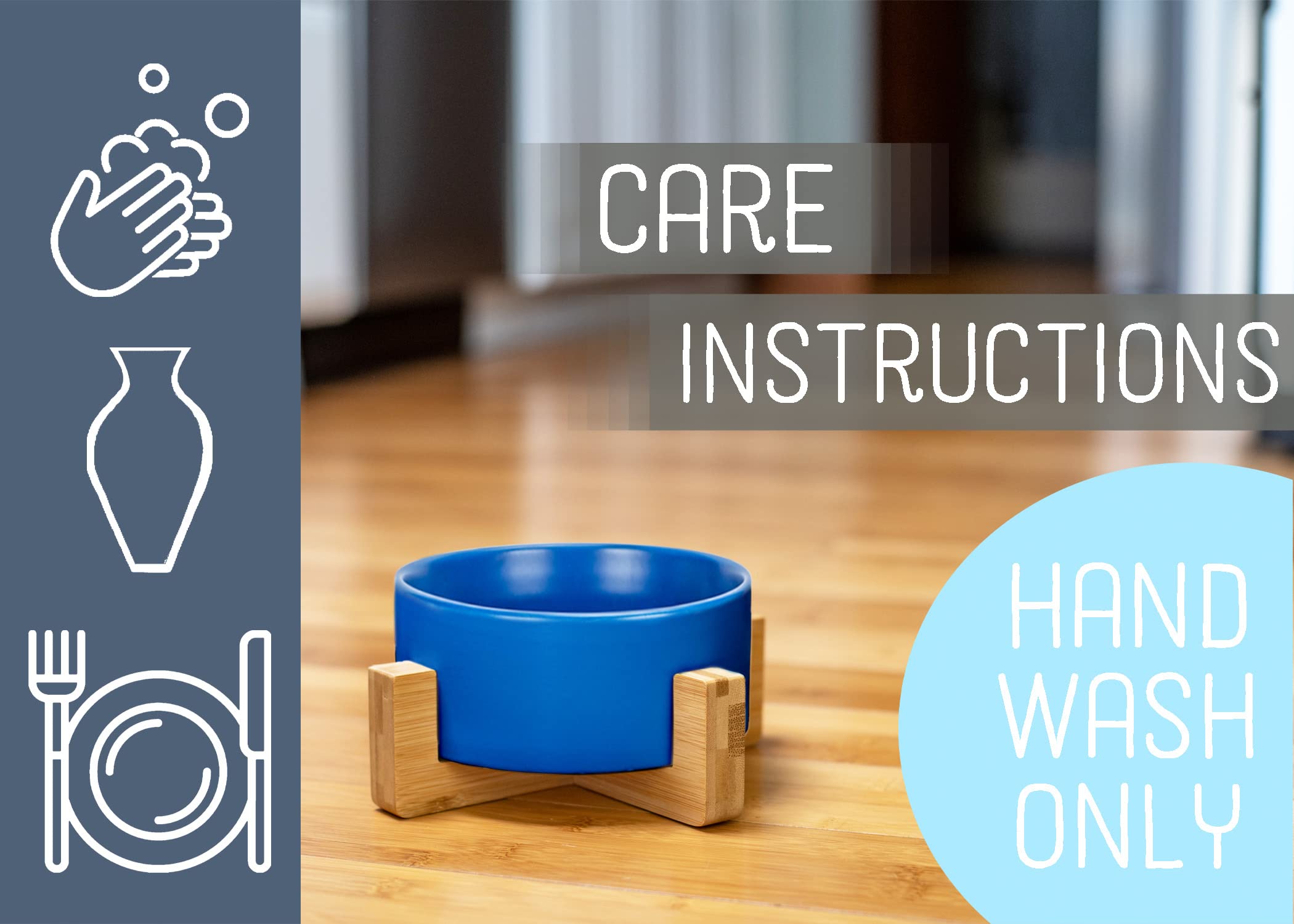 Nat & Jules Small Navy 6 Inch Stoneware Ceramic And Wood Pet Bowl With Stand