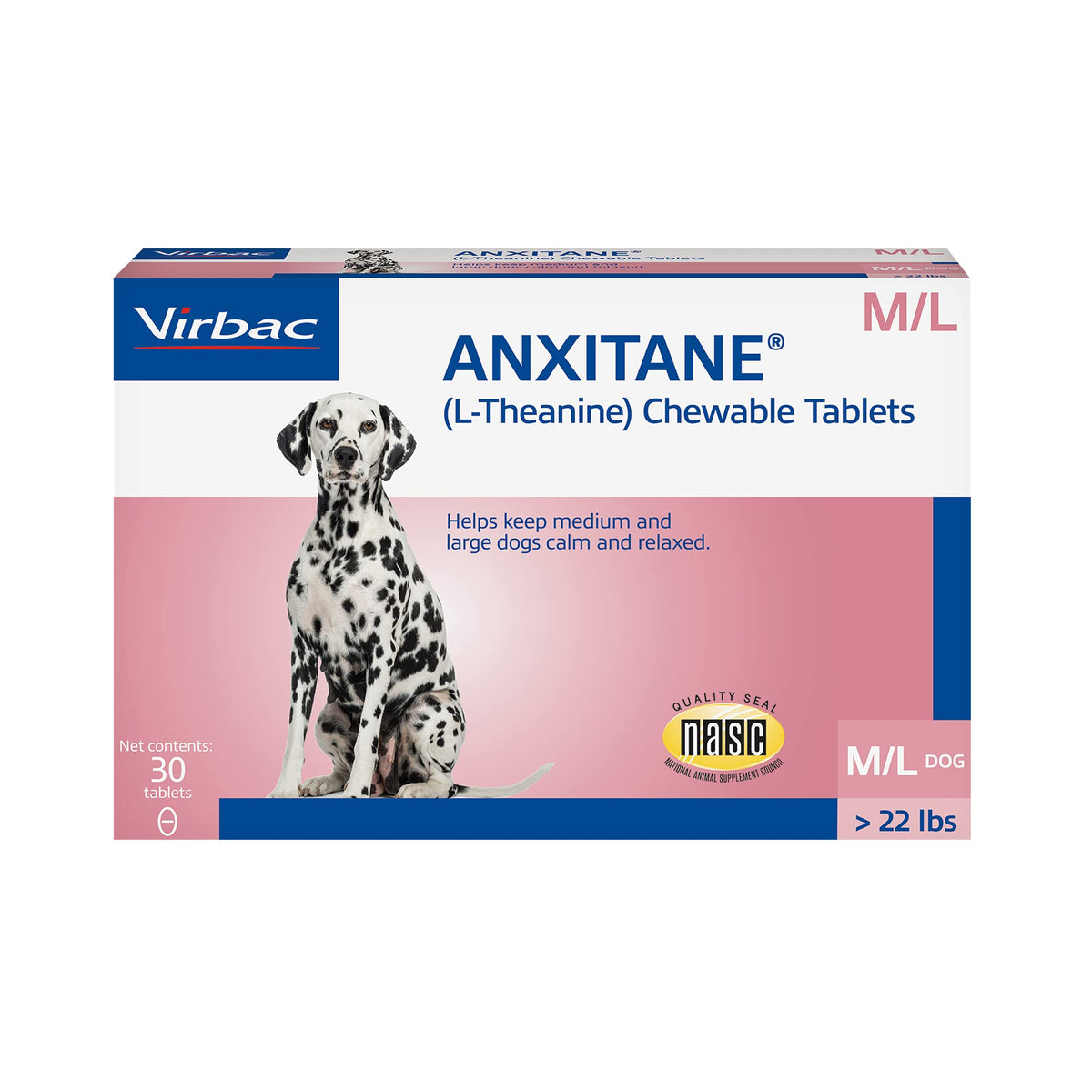 Virbac Anxitane Chewable Tablets, Medium/Large Dog, 100 Mg, 30 Count