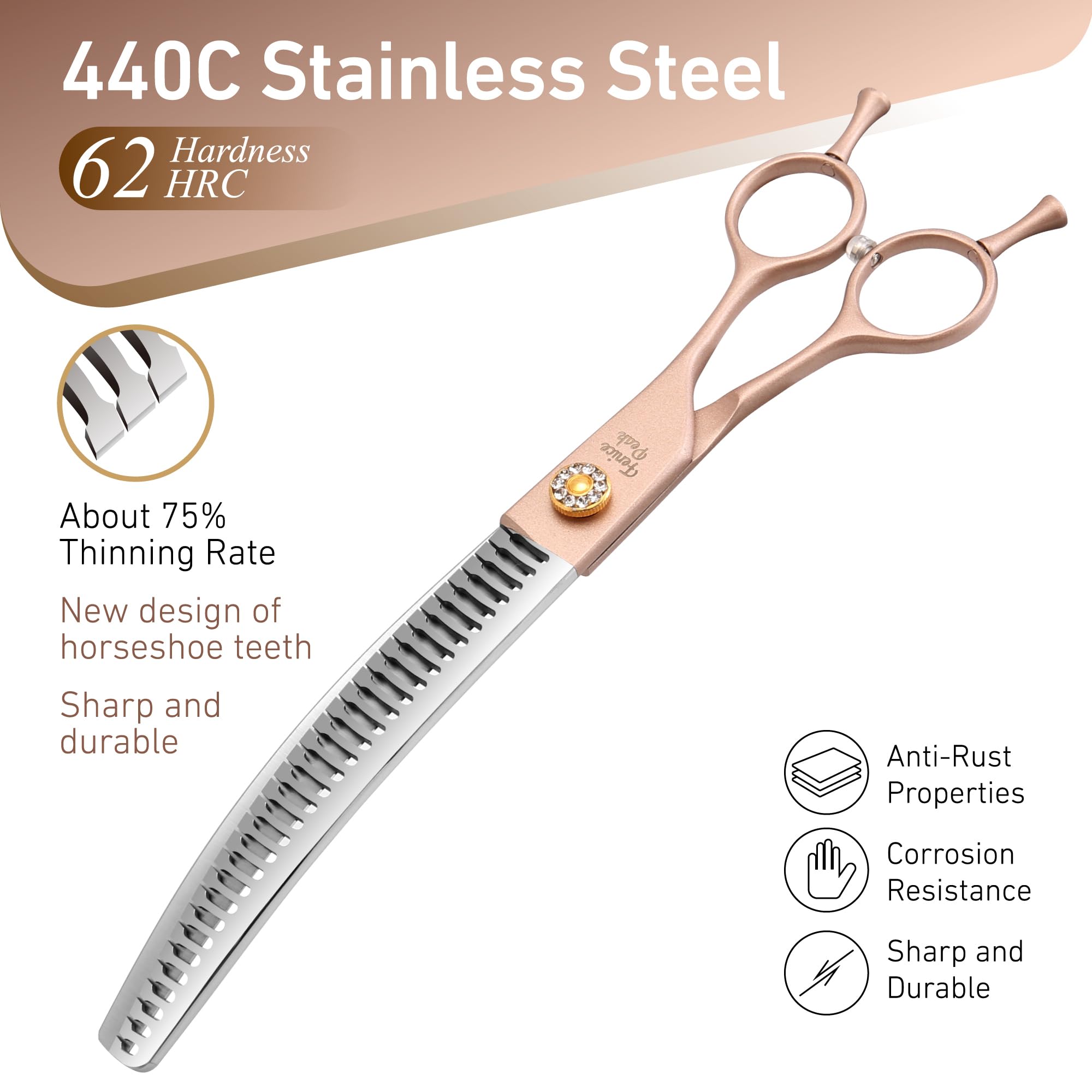 Fenice Peak Professional Curved Chunker Dog Grooming Scissors 7.0'' Rose Gold Thinning Shears Extremely Sharp Blades 440C Stainl