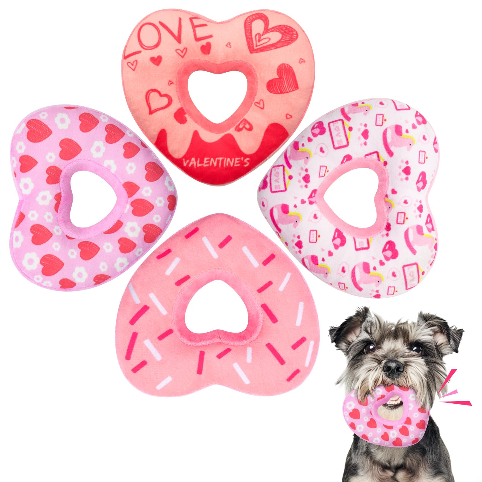 Lepawit 4 Pack Valenine'S Day Dog Toys, Heart Shaped Donut Dog Squeaky Toys, Valentine'S Day Dog Plush Gifts For Small And Mediu