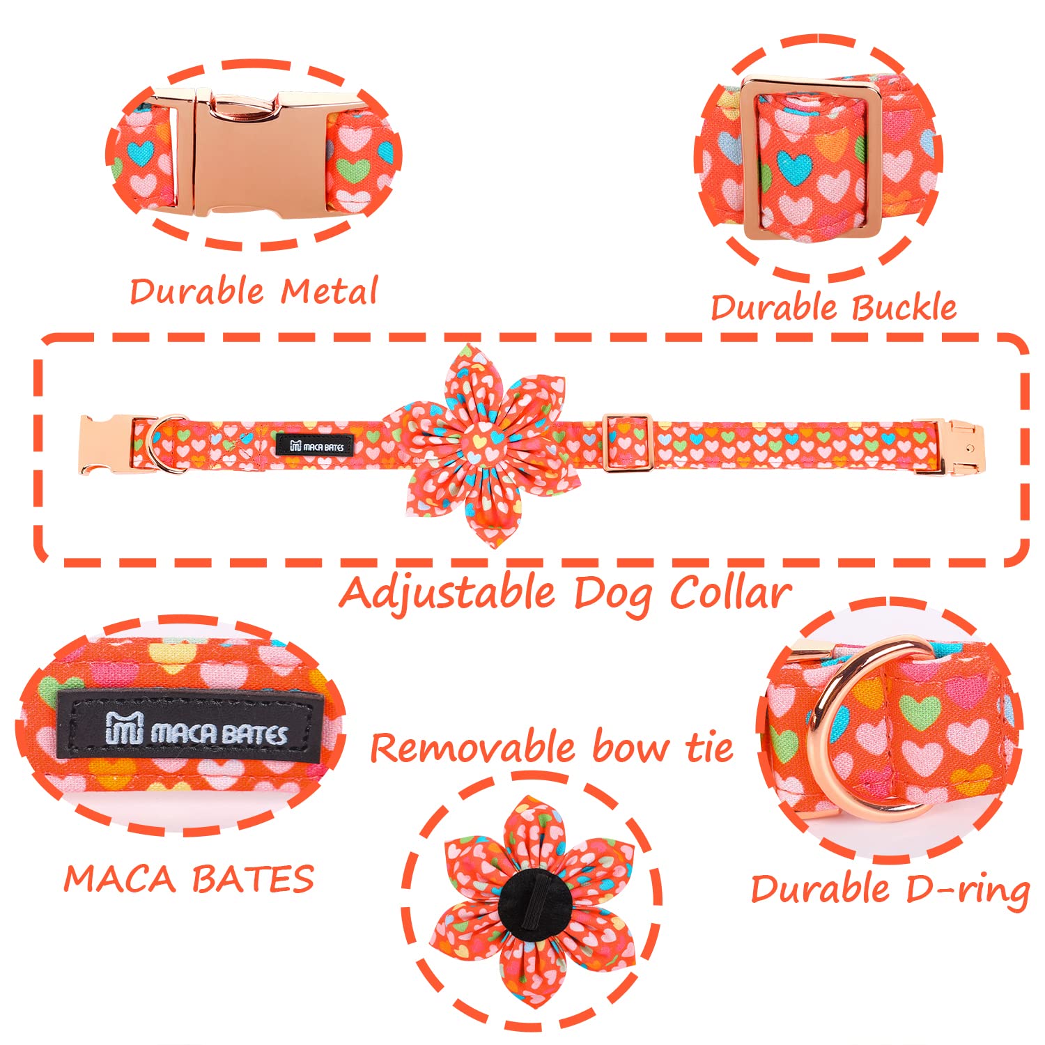 Maca Bates Flower Valentine's Dog Collar with Flowers for Dogs Sailor Adjustable Breakaway Collars Accessories for Small Medium