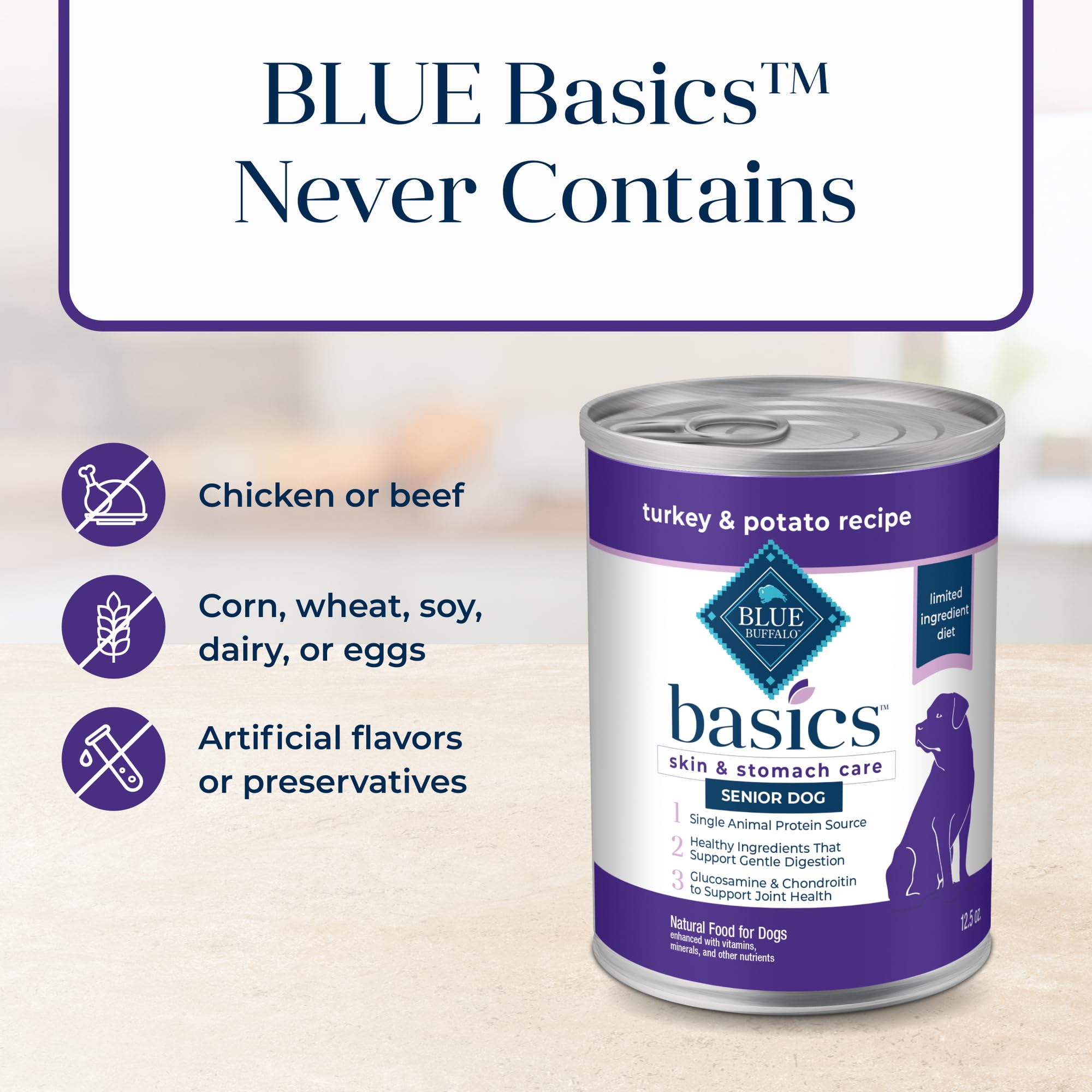 Blue Buffalo Basics Grain-Free Senior Wet Dog Food, Skin & Stomach Care, Limited Ingredient Diet, Turkey Recipe, 12.5-oz. Cans,