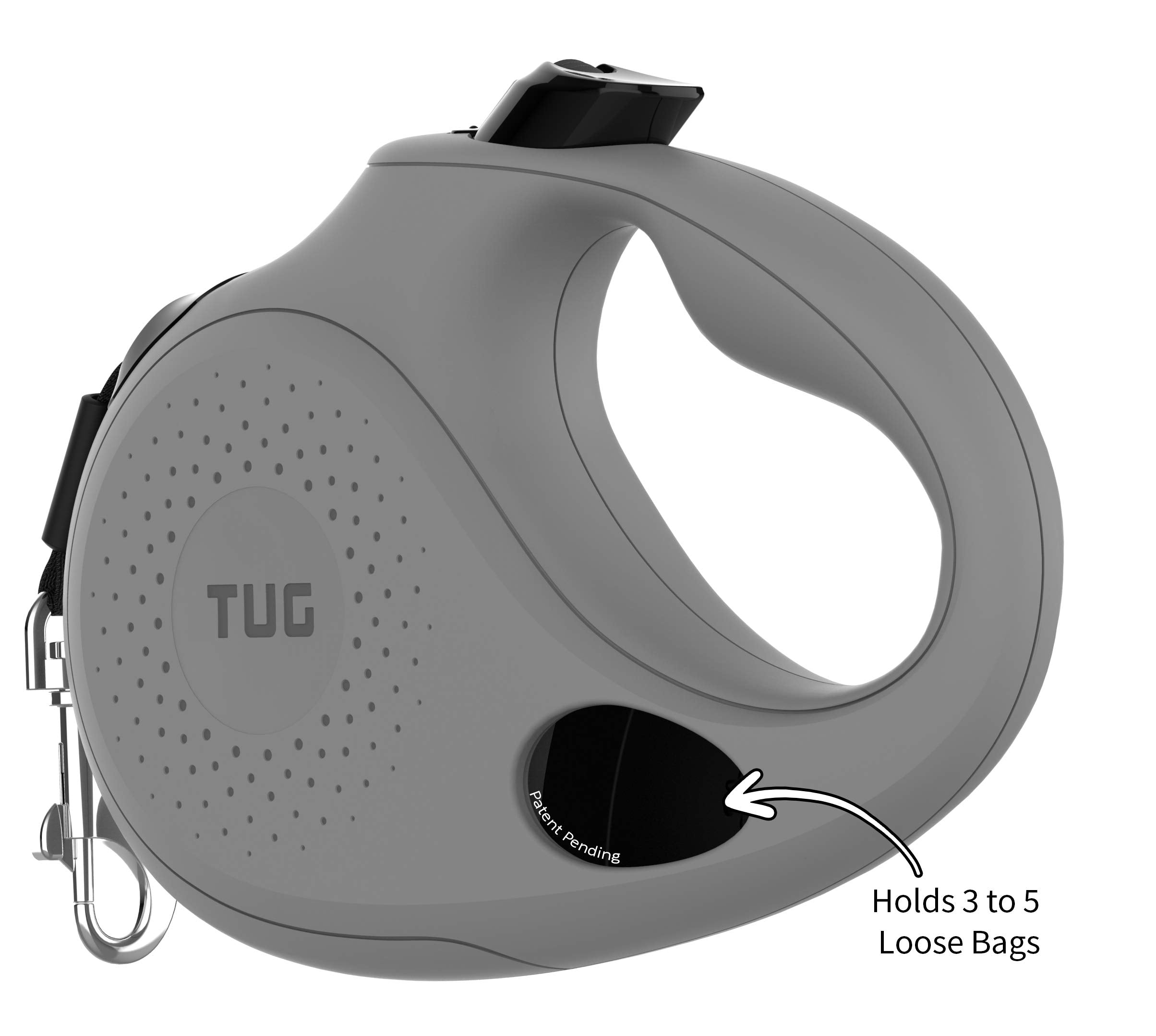 TUG Retractable Dog Leash, Tangle-Free, Integrated Waste Bag Dispenser, Medium, Grey, Nylon