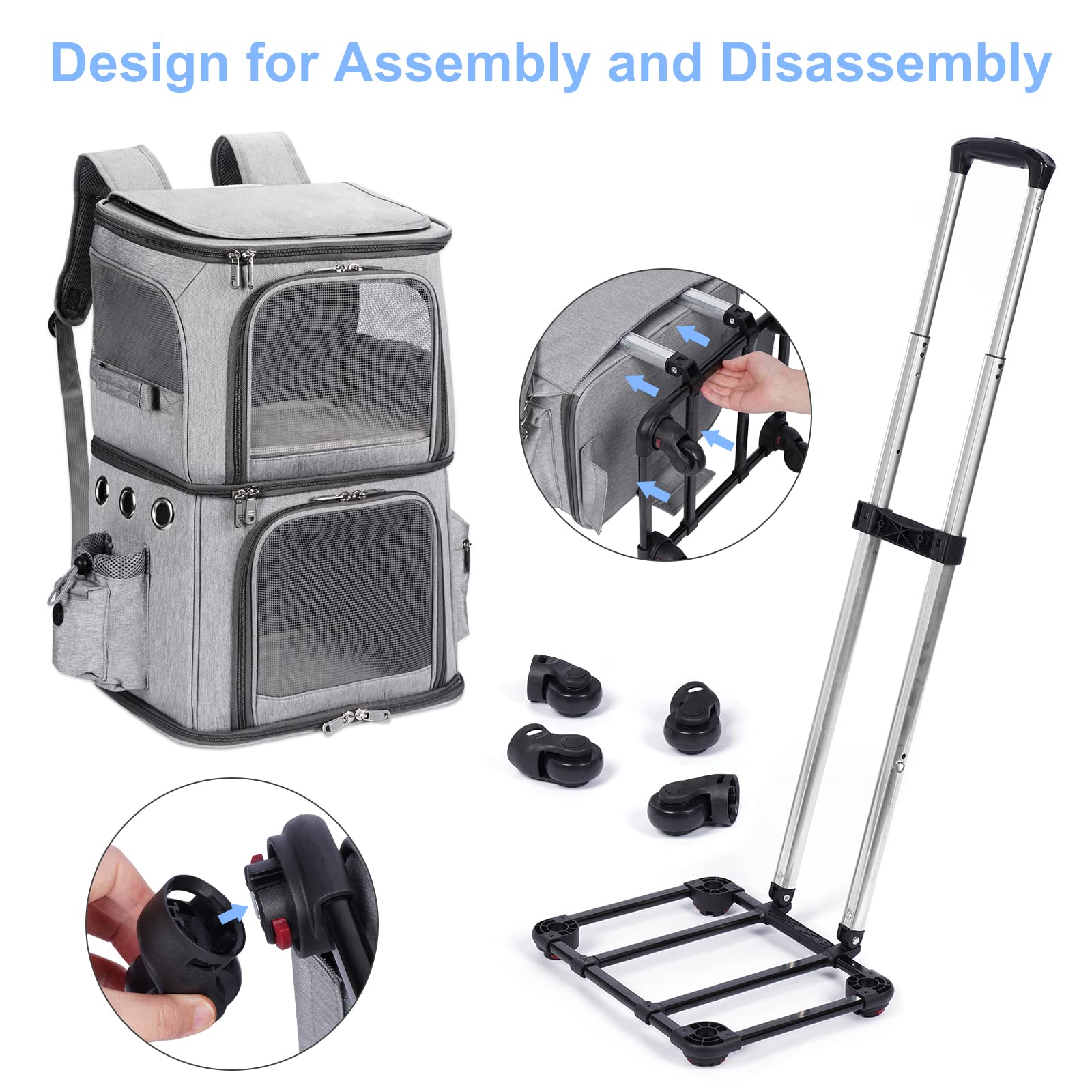 Hovono Extra Large Double-Compartment Pet Carrier Backpack With Wheels For Small Dogs And Cats, Cat Rolling Carrier For 2 Cats,