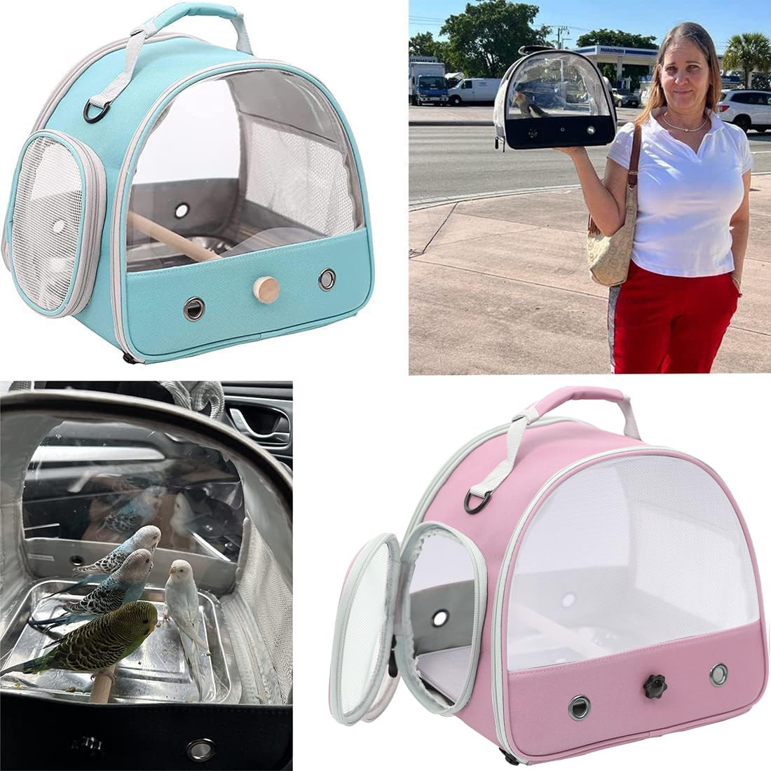 Bird Carrier, Portable Small Bird Parrot Parakeet Carrier with Standing Perch and Stainless Steel Tray, Side Access Window Colla