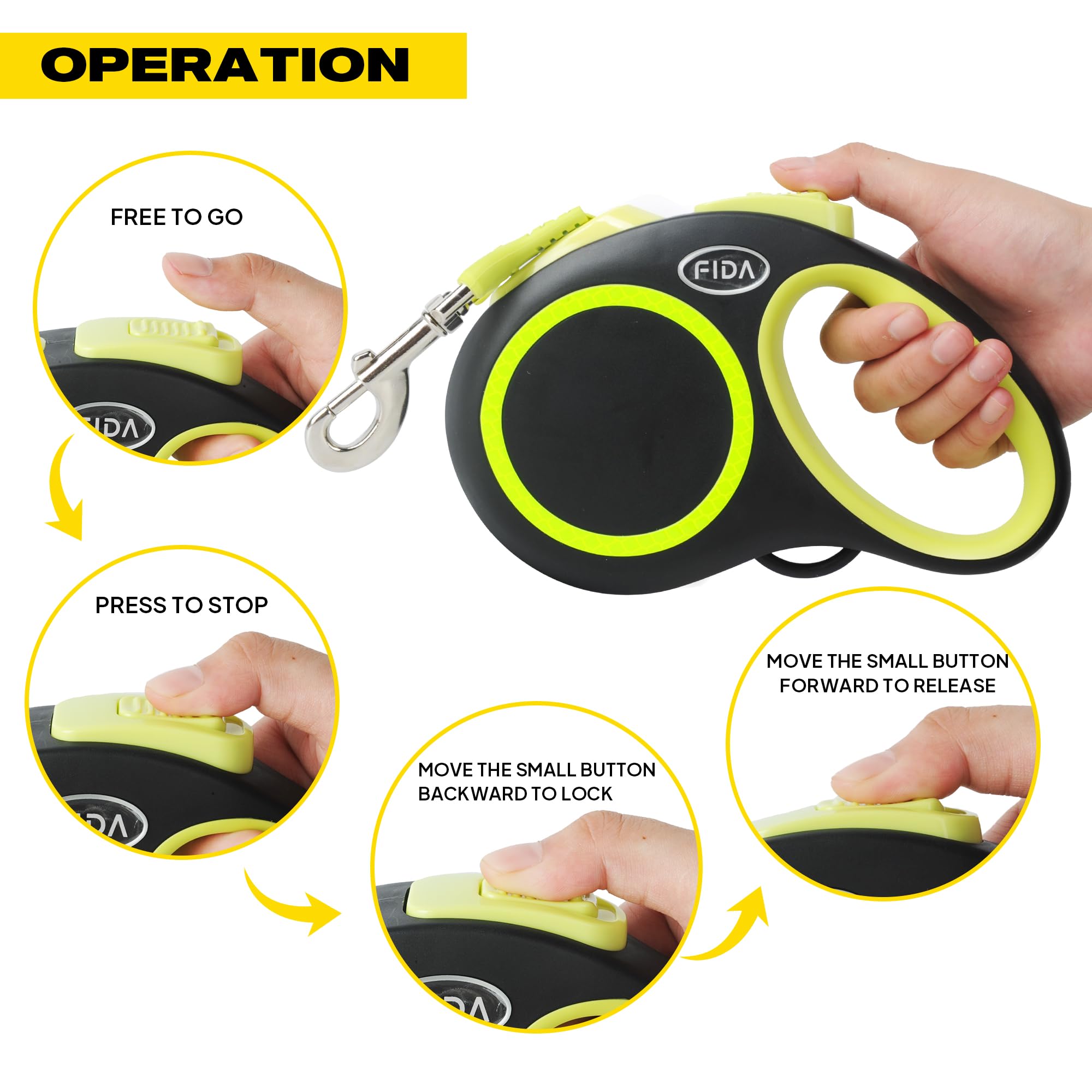Fida Retractable Dog Leash, Reflective 16Ft Heavy Duty Pet Walking Leash For Medium/Large Dog Up To 110 Lbs, Tangle Free. One-Hand Brake (Large, Neon Yellow)