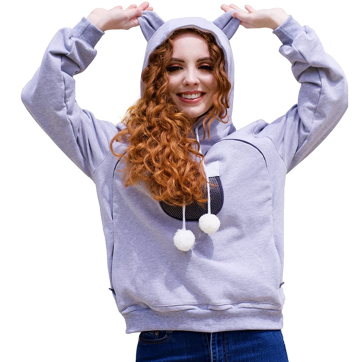 Alyc Unisex Hoodies Pet Holder Cat Dog Large Pouch Carriers Pullover With Cat Printing Sweatshirt (Light Grey-L)