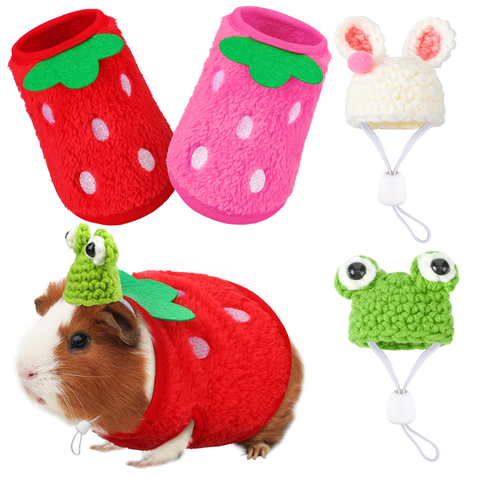 Mixweer 4 Pieces Guinea Pig Stuff Includes 2 Guinea Pig Clothes And 2 Cute Mini Hats With Adjustable Strap Small Animal Warm Vest Cozy Hand Knitted Hat For Hamster Bunny(Frog Style)