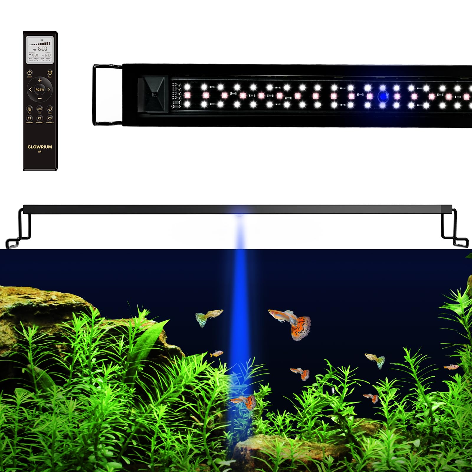 GLOWRIUM LED Aquarium Light with Remote, Full Spectrum Fish Tank Light with Auto Timer, IP67 Waterproof Freshwater Planted Tank 