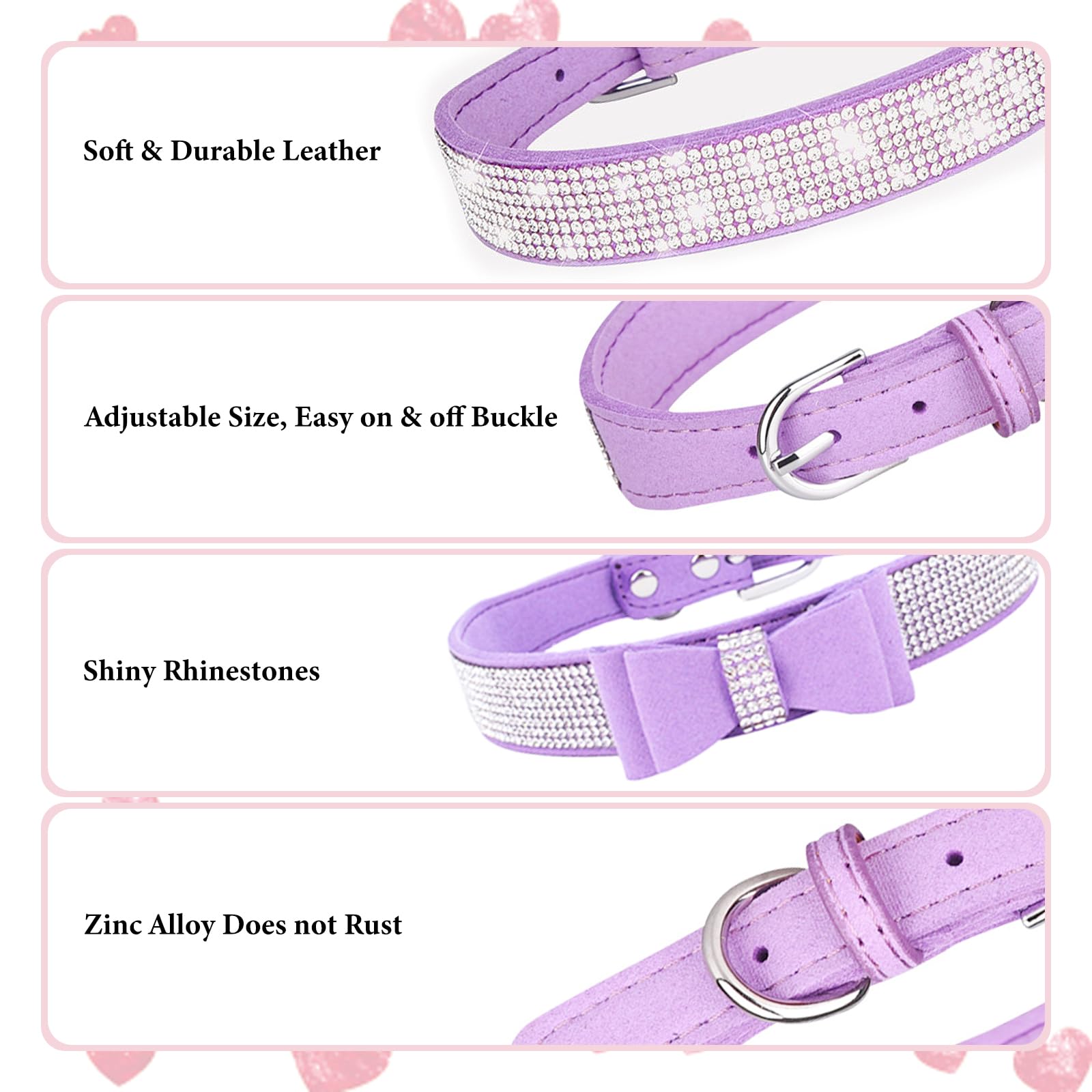 Purple Diamond Dog Collar Xs, 2-Pack Bling Cat Collar Soft Suede Glitter Rhinestone Jewelry Crystal Girl Puppy Collar With Bow F