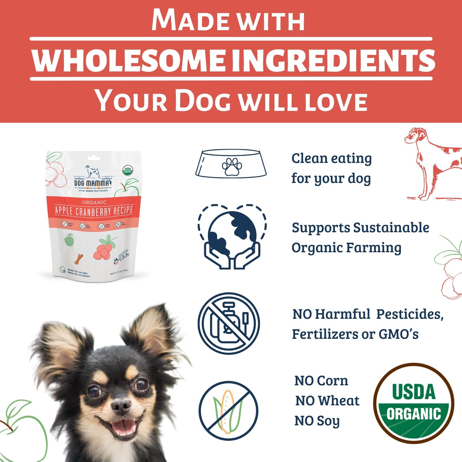 Dog Mammas Organic Apple Cranberry Recipe - Certified Organic Dog Treats 6 oz