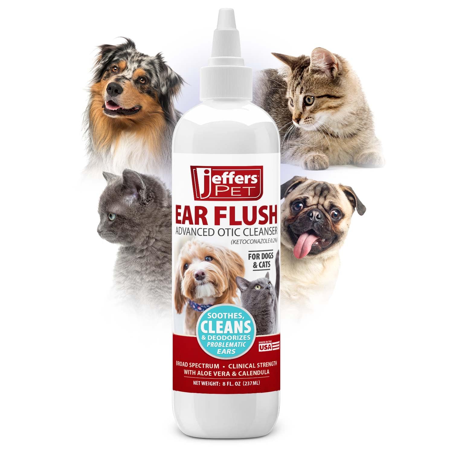 Jeffers Ear Flush for Dogs, Cats & Puppies, 8 oz - Otic Ear Cleanser Solution with 0.2% Ketoconazole, Aloe Vera & Calendula, Gen