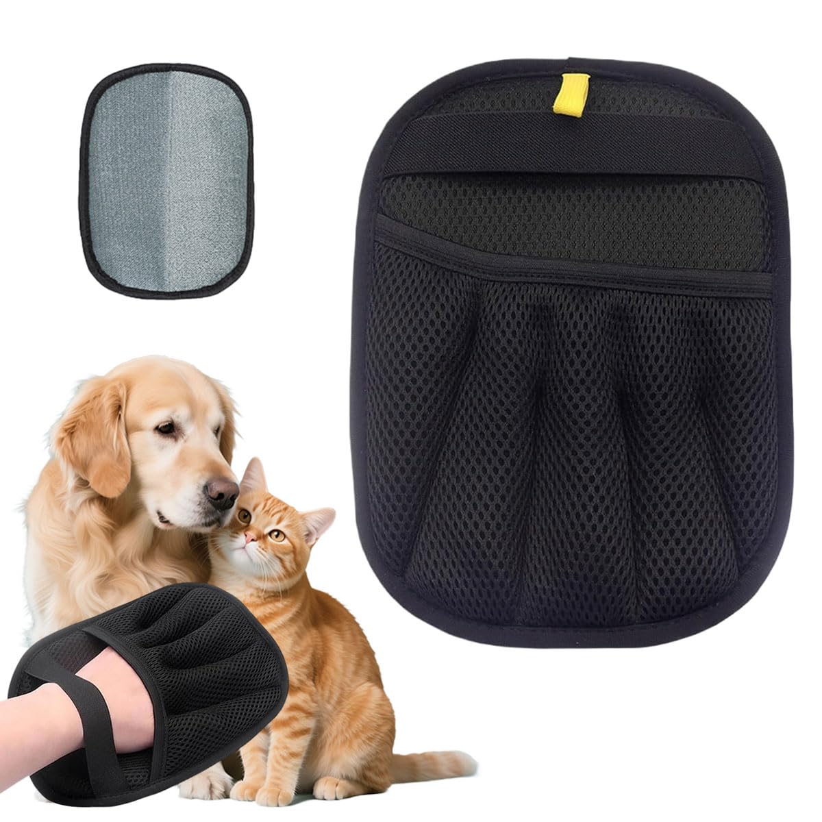 Qpets Pet Hair Removal Glove, AntiStatic Pet Deshedding Grooming Glove, 5Finger Design, Mesh Fabric & Wrist Strap Design, Quic