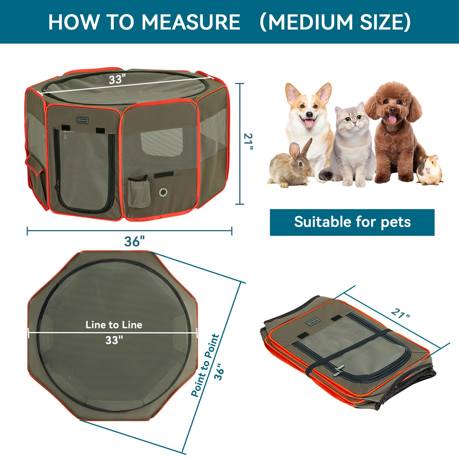 Petsfit Portable Dog Playpen, 36" Indoor/Outdoor, Grey-Brown, Removable Zipper Top, Medium, Model DCC1058B