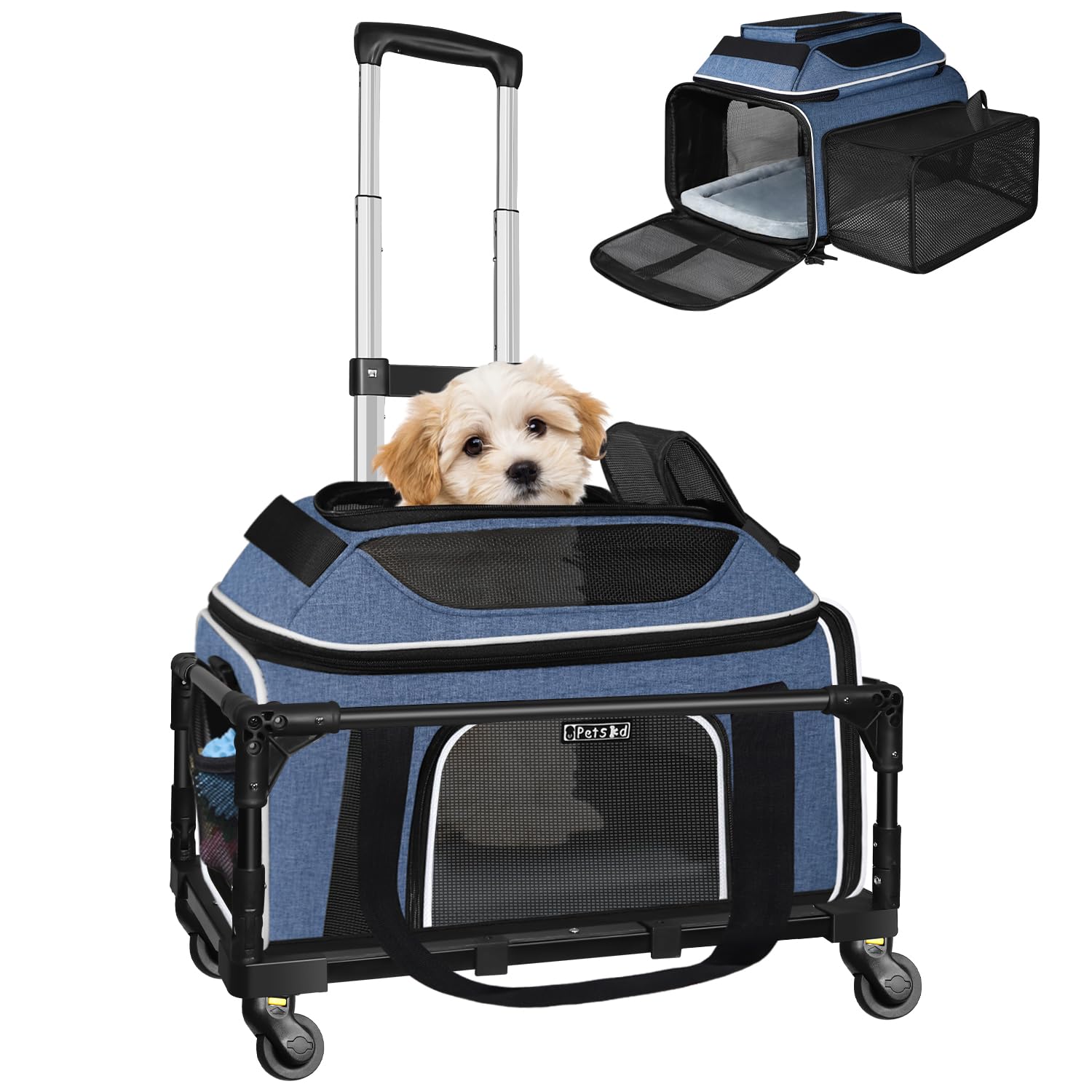 Petskd Top and Side Expandable Pet Carrier with Wheels 18x11x11 Inches Delta United Airline Approved, Soft-Sided Carrier for Sma