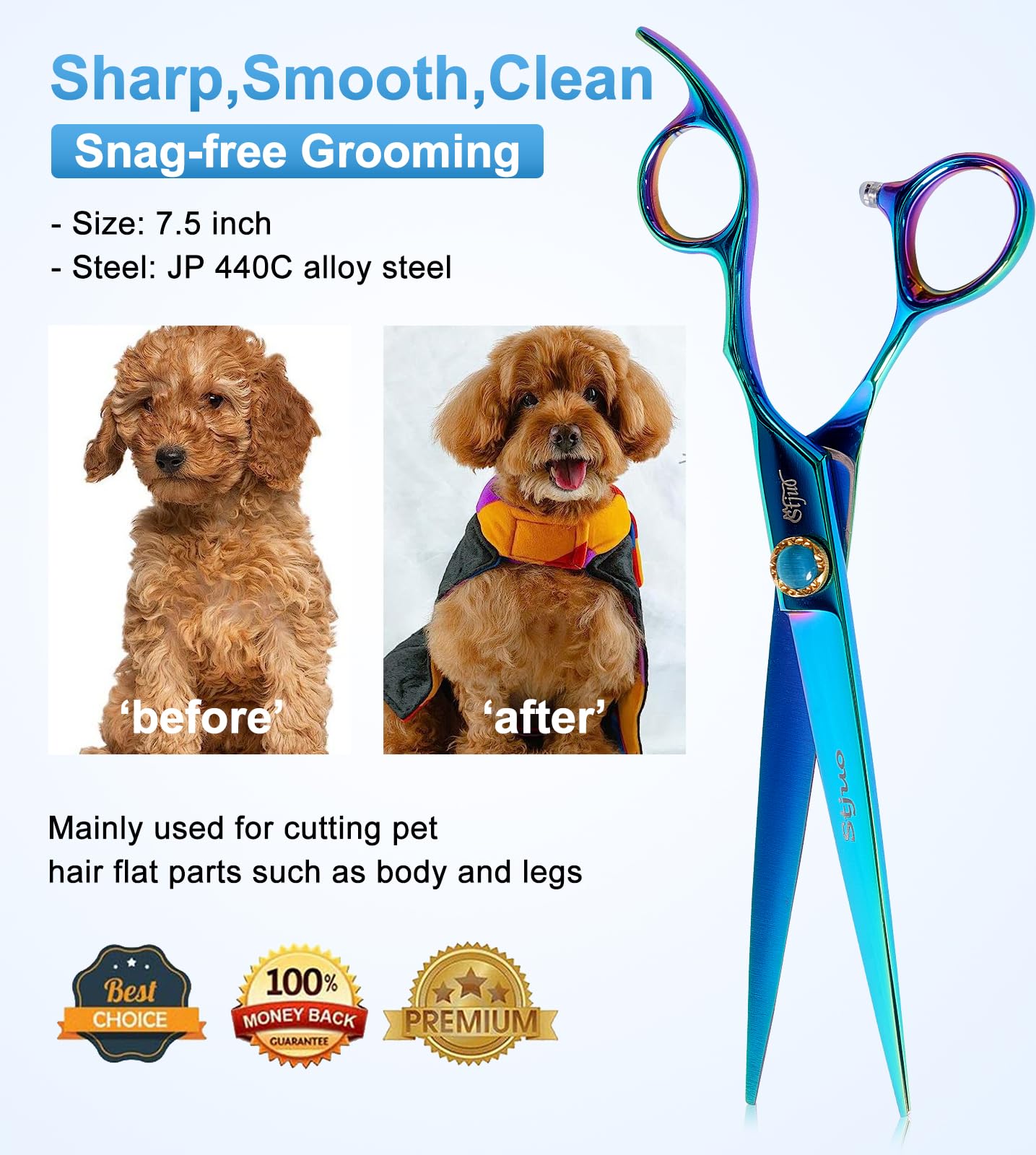 Stjuo 7.5'' Dog Straight Scissors For Grooming 440C Stainless Steel Green Professional Pet Trimming Scissors Sharp Blades Cuttin