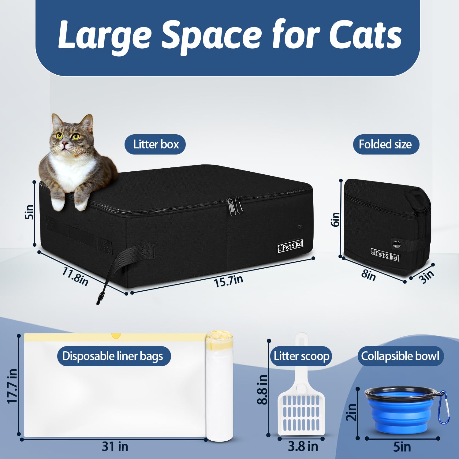Petskd Portable Cat Travel Litter Box with Lid and 10 pcs Disposable Liner Bags, Leak-Proof and Collapsible, Cat Travel Essentia