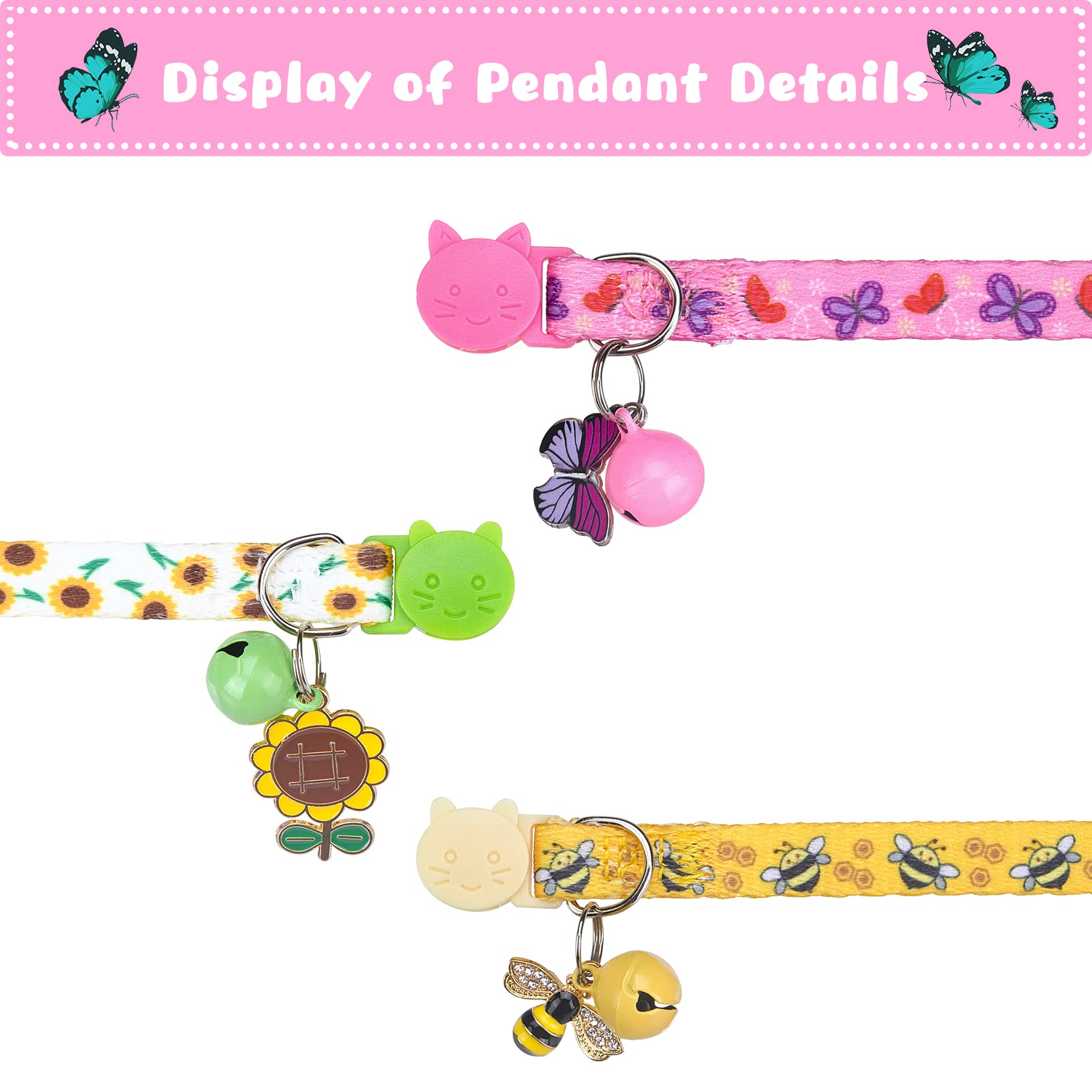 Vkpetfr Breakaway Cat Collars With Bell & Cute Pendants - 3 Pack Adjustable Safety Kitten Collars - Summer Decoration For Girl B