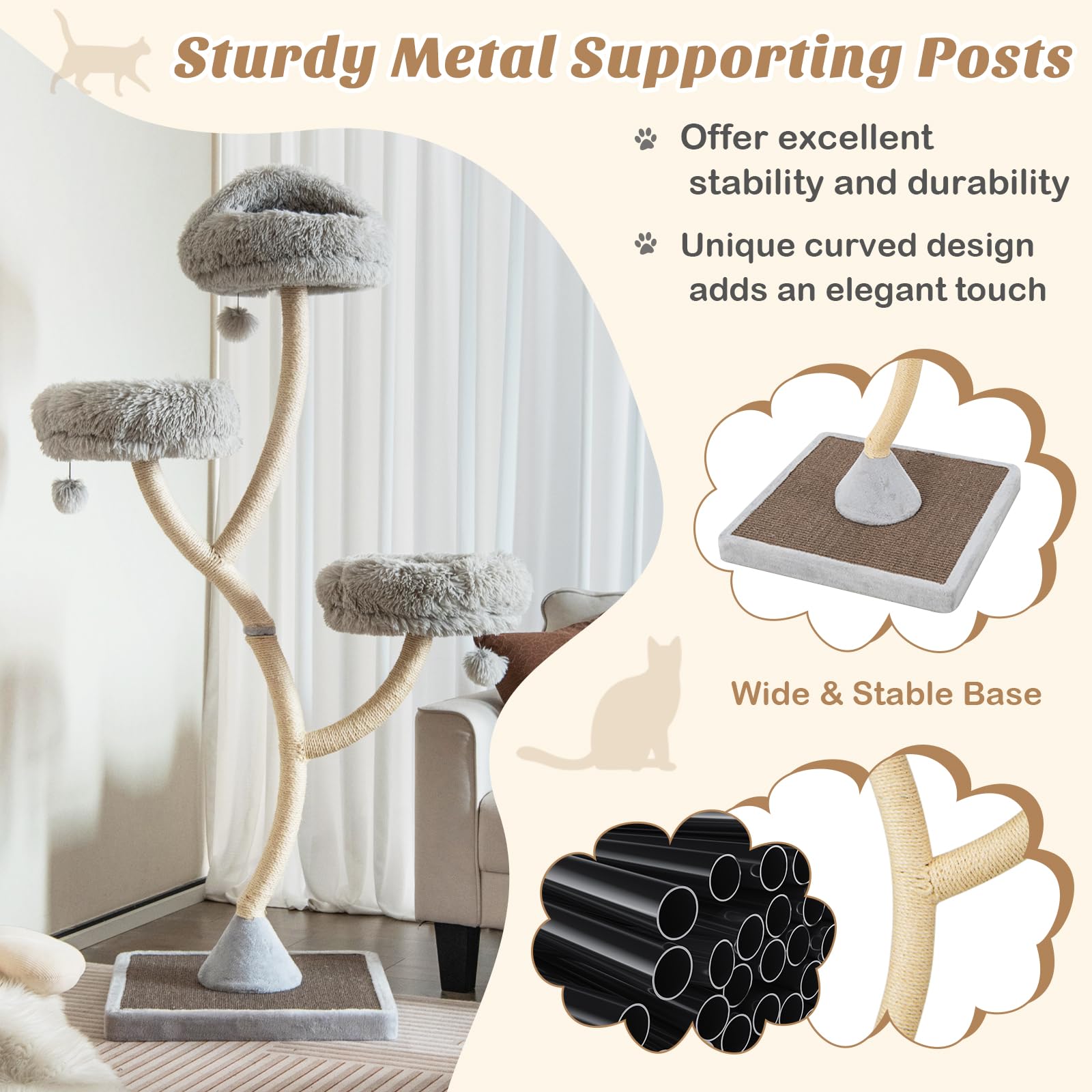 PETSITE 70" Tall Cat Tree - Multi-Level Tower with Scratching Posts, 3 Cozy Perches, Grey, Large for Cats 20 lbs+ - Model PTSN10102CT