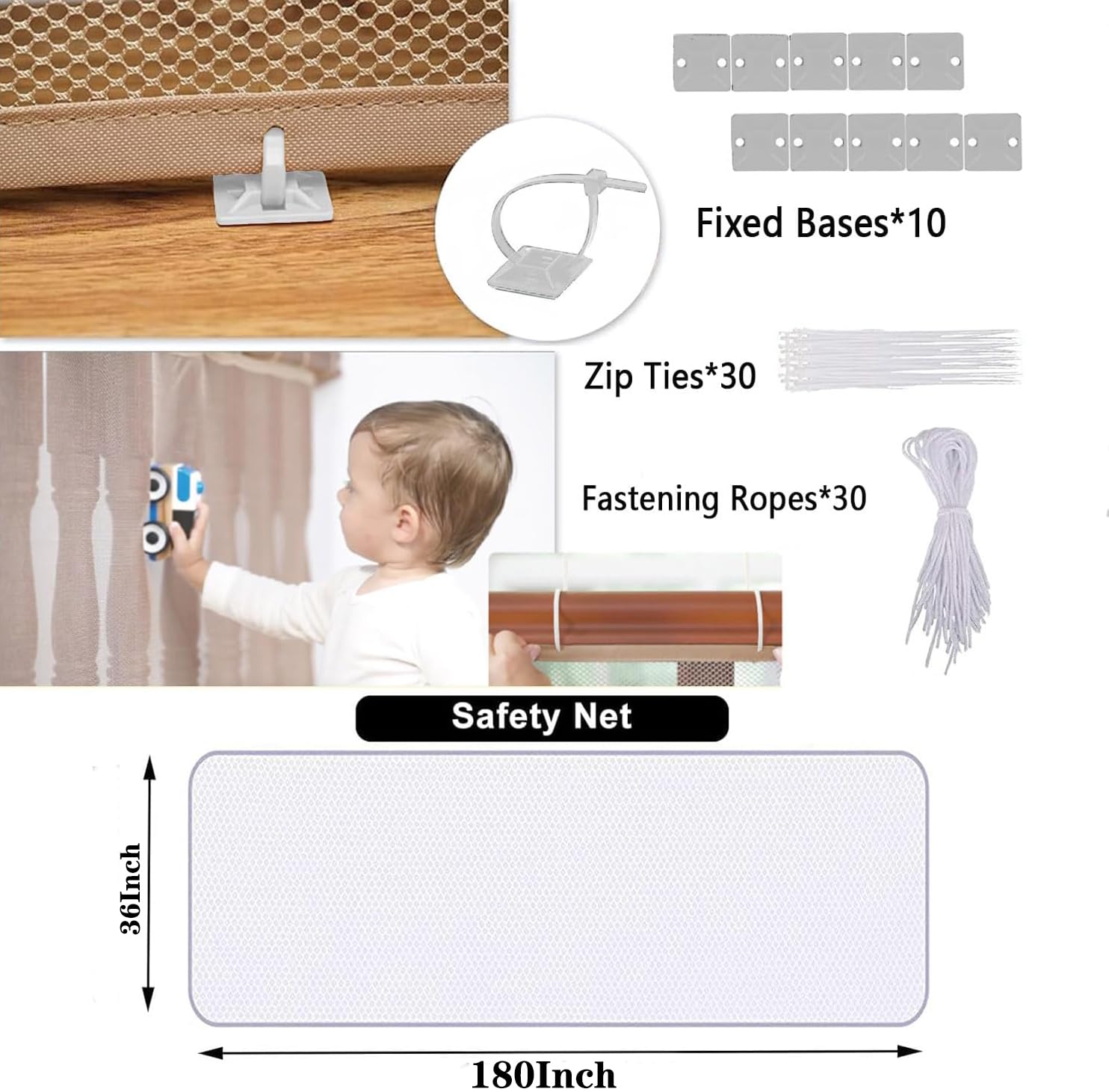 Banister Guard for Baby - 15ft x 3ft Balcony Netting for Pets, Stair Netting Child Safety Net, Stair Railing Proof Mesh for Kids