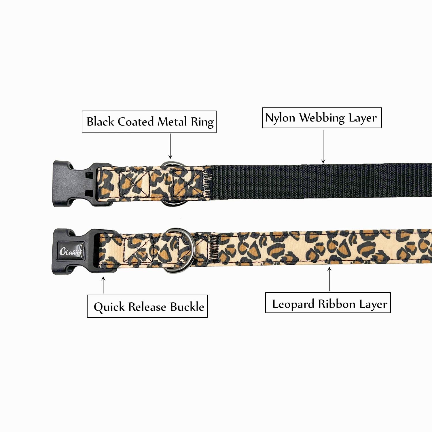 Olahibi Dog Collar Leash Set, Leopard Pattern, Nylon Webbing Plus Cotton Ribbon, 5Ft Matching Leash, For Medium Dogs.(M, Brown L