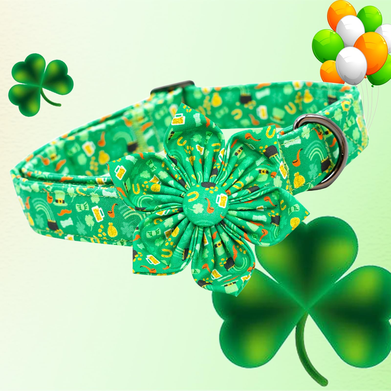 Lionheart Glory St. Patrick'S Day Collar With Flower Design For Medium Dogs, Green Collar With Lucky Clover Shamrock Pattern, He