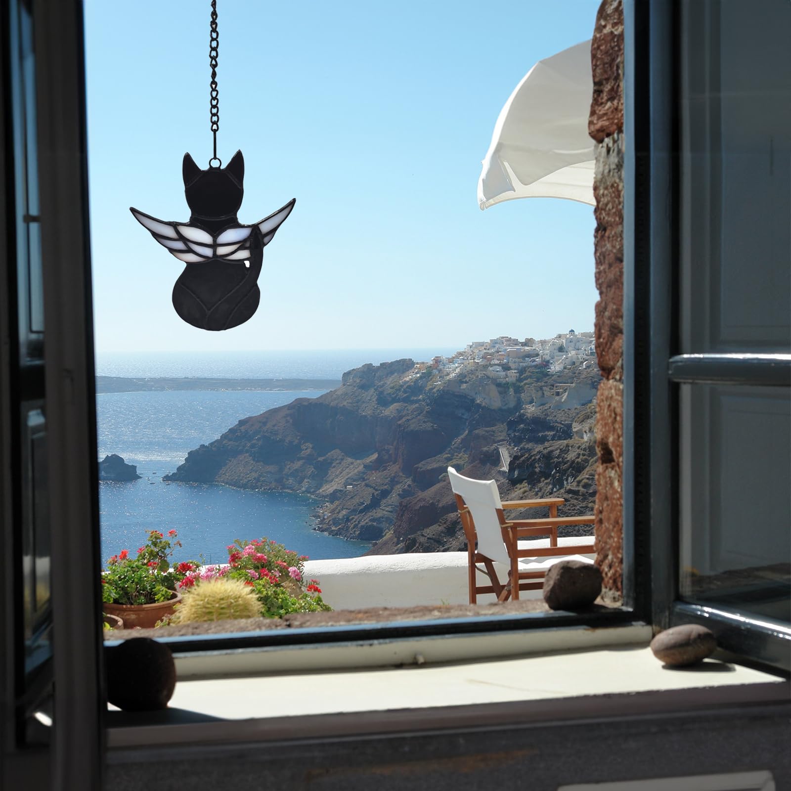 Fluffycaptain Handcrafted Stained Glass Black Angel Cat Suncatcher - Pet Memorial Gift With Colorful Wings, Cat Lovers Sympathy