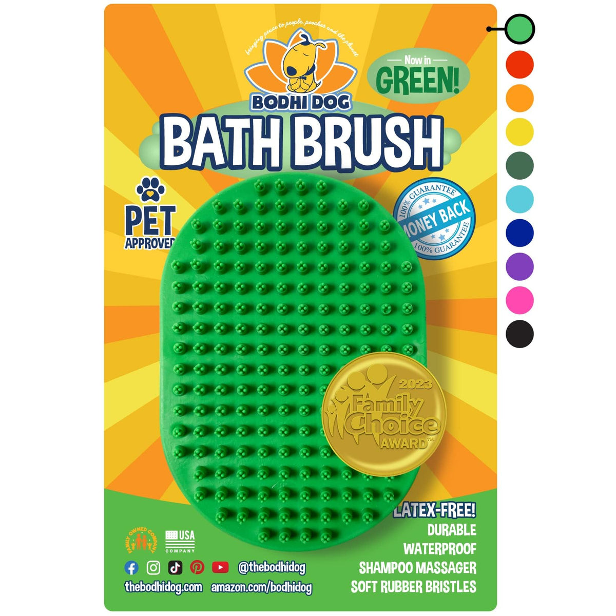 Bodhi Dog & Cat Grooming And Bath Brush, Green, Oblong, Rubber, Waterproof, For Short Hair, Massaging, Shower Supplies, 1 Count