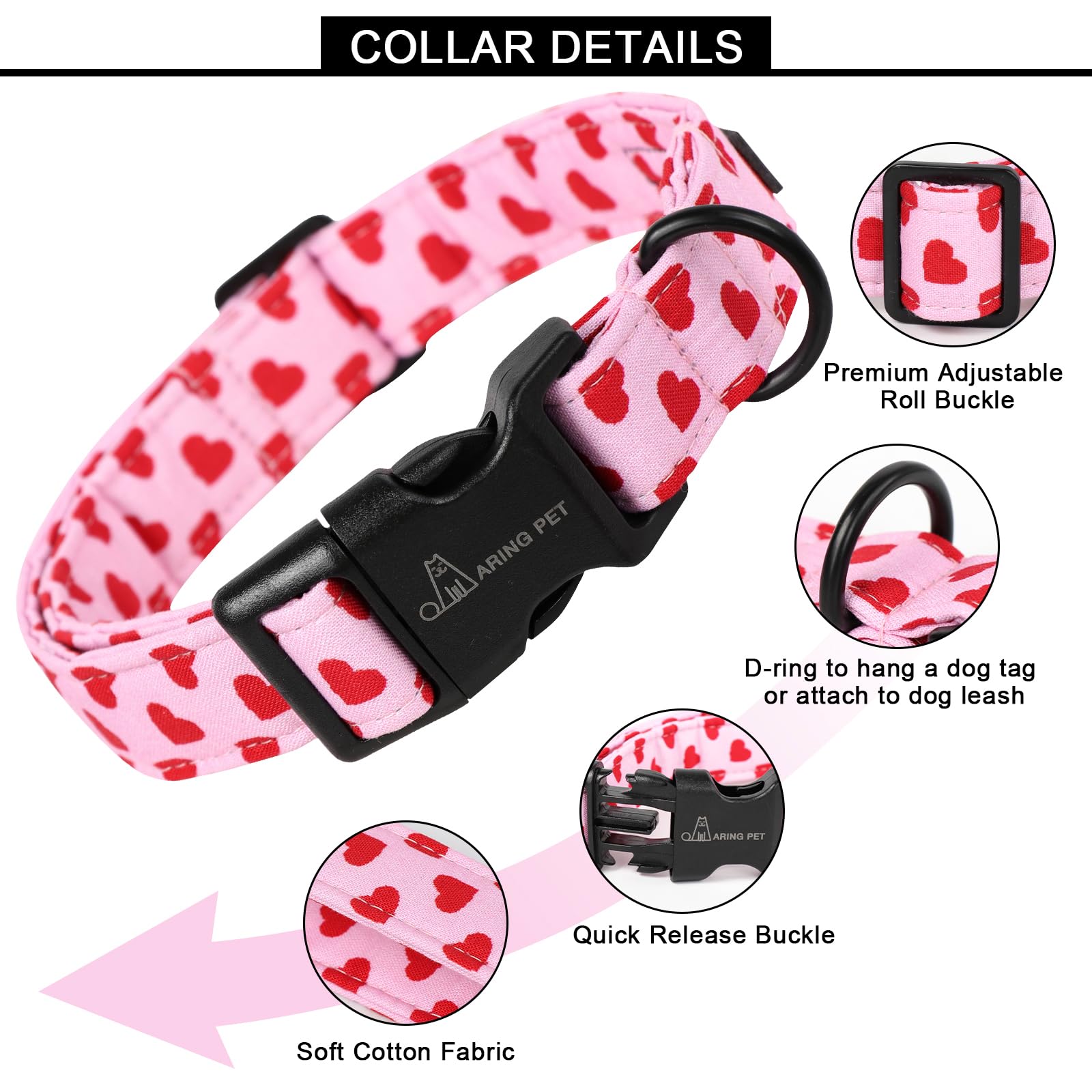 Aring Pet Valentine'S Day Dog Collar-Cute Cotton Heart Dog Collars, Adjustable Valentine Pink Heart Pet Collars Girl Puppy Colla