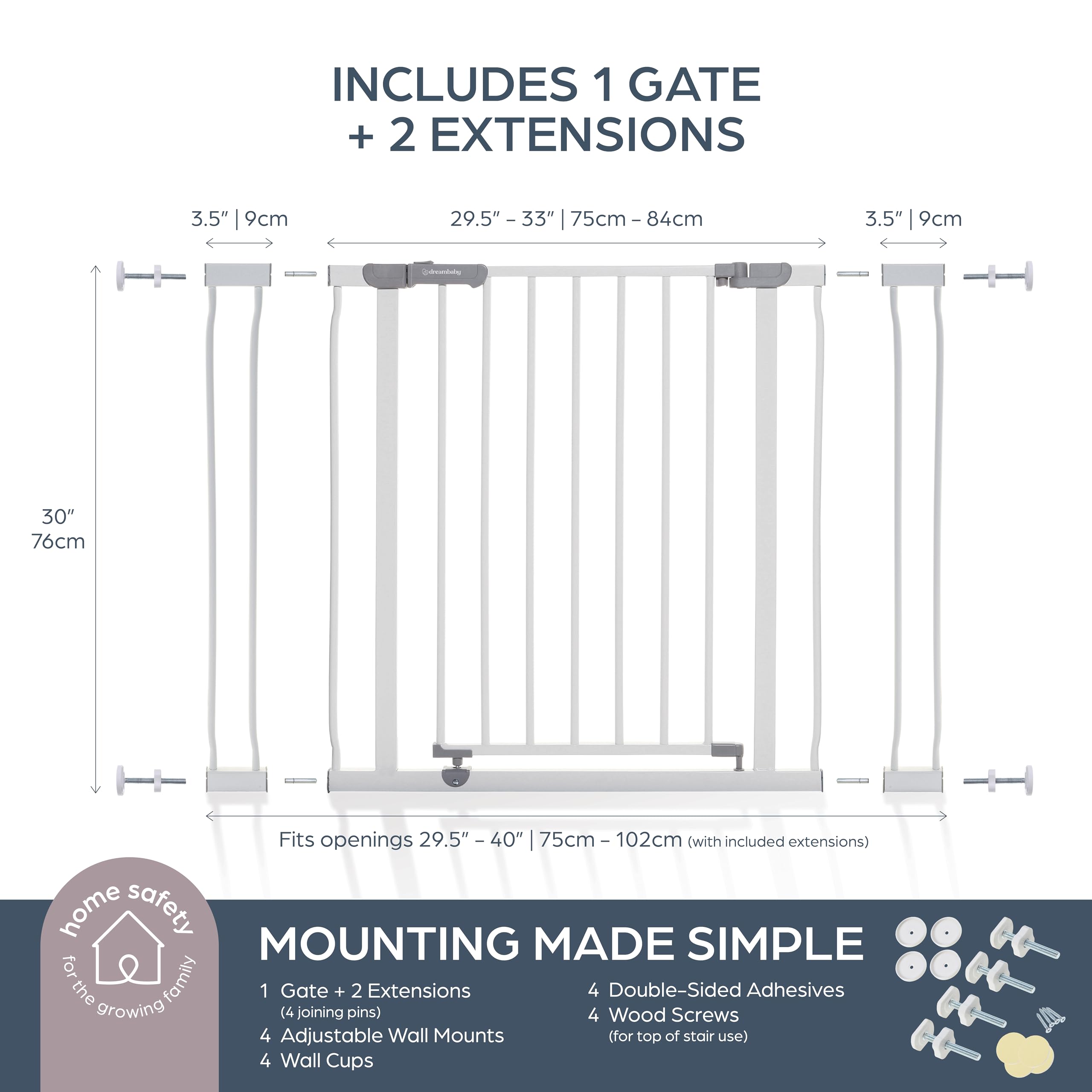 Dreambaby Ava 29.5''-40'' Extra Wide Baby Gate for Stairs, Doorways, and Hallways - Easy to Install - White Dog Gate