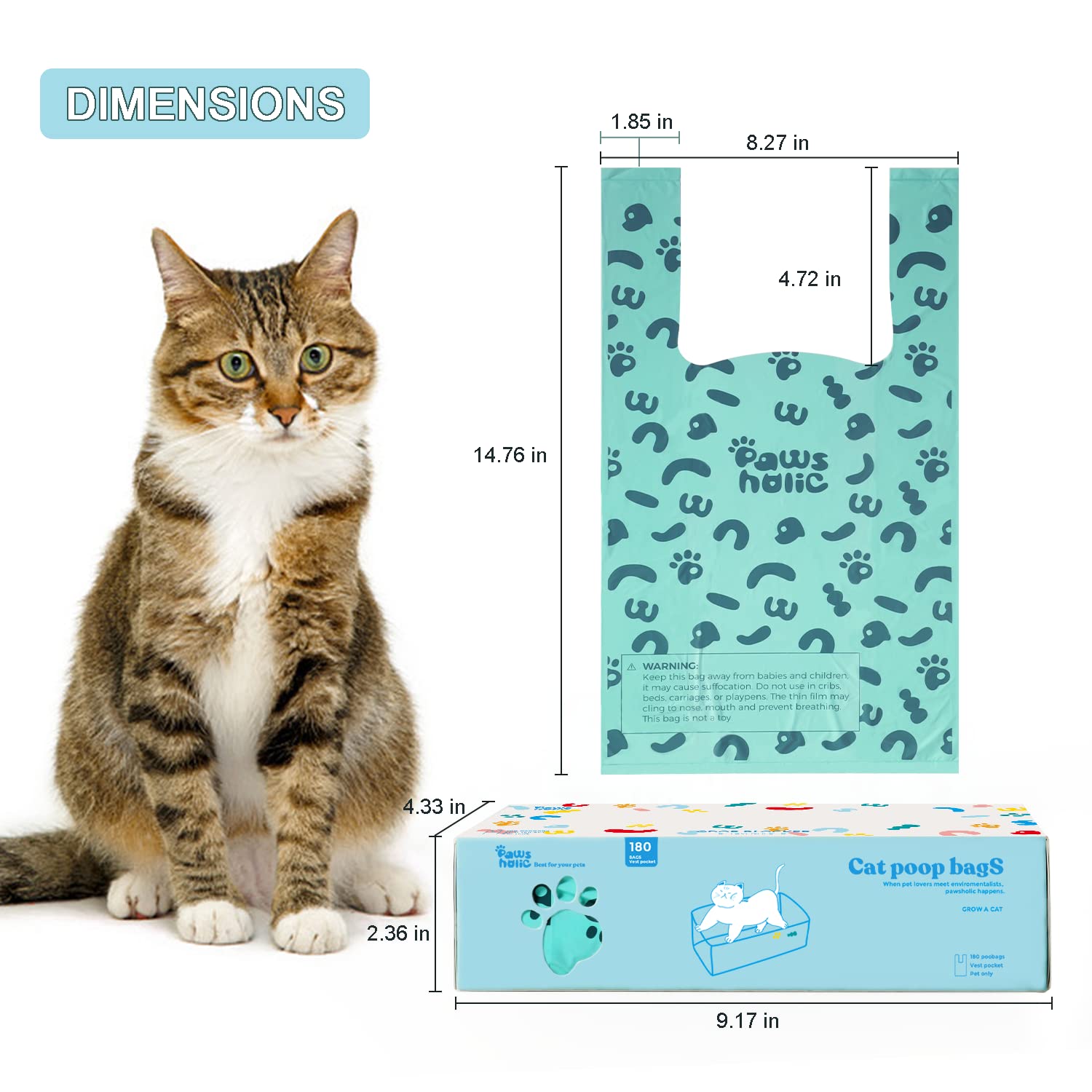 Cat Poop Bags - Pawsholic Cat Litter Bags With Handle,Cornstarch Based Leak Proof Disposal Eco Friendly Poop Pick Up Bag (360Pcs