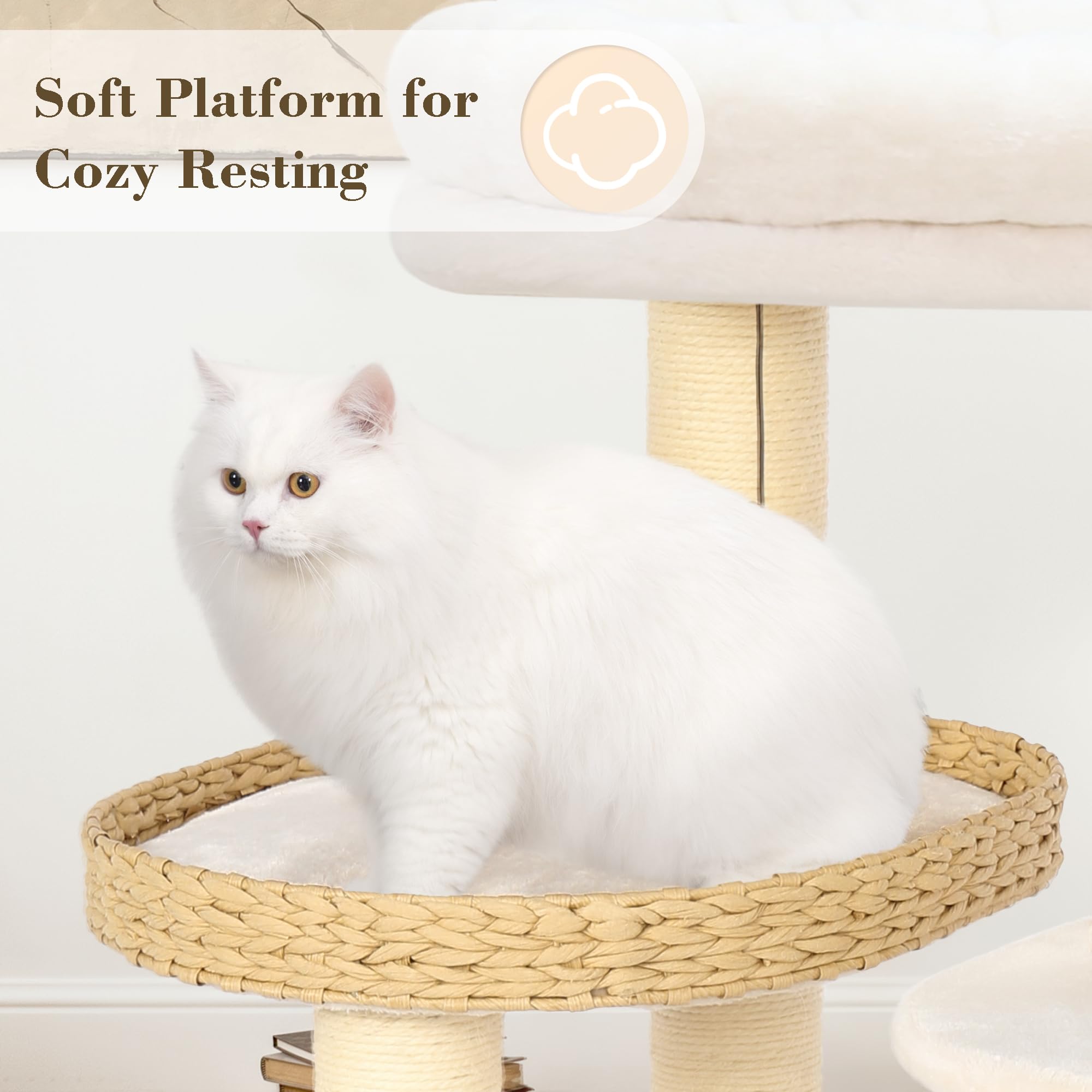KAMABOKO Modern Cat Tree - 53" Tall Indoor Cat Condo, Hand-Woven Tower, Natural Sisal Scratching Posts, White
