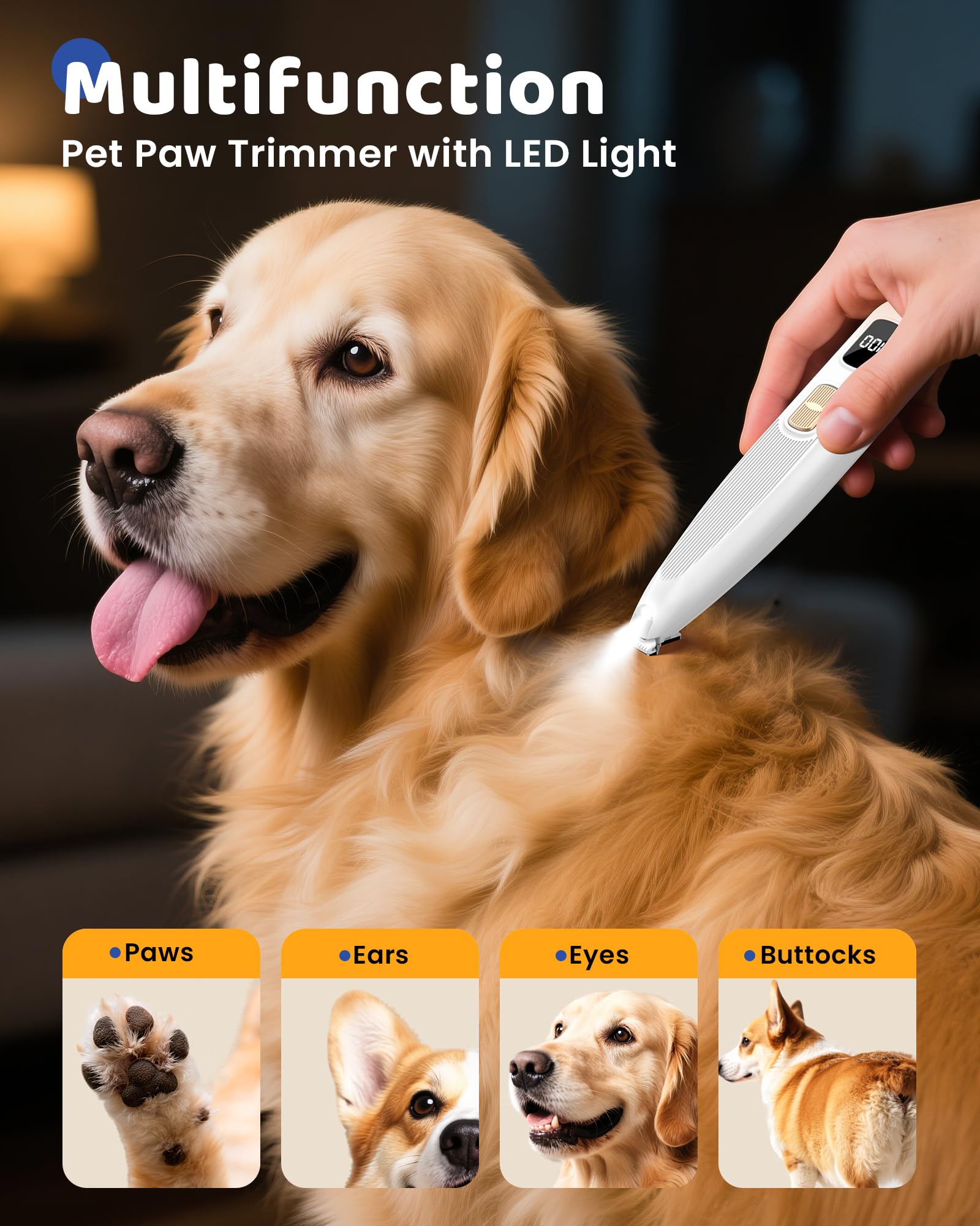 Dog Paw Trimmer With Led Light, 35Db Low Noise Precision Pet Paw Trimmer For Dogs Cats Grooming Clippers, 2 Speed Safety Electri