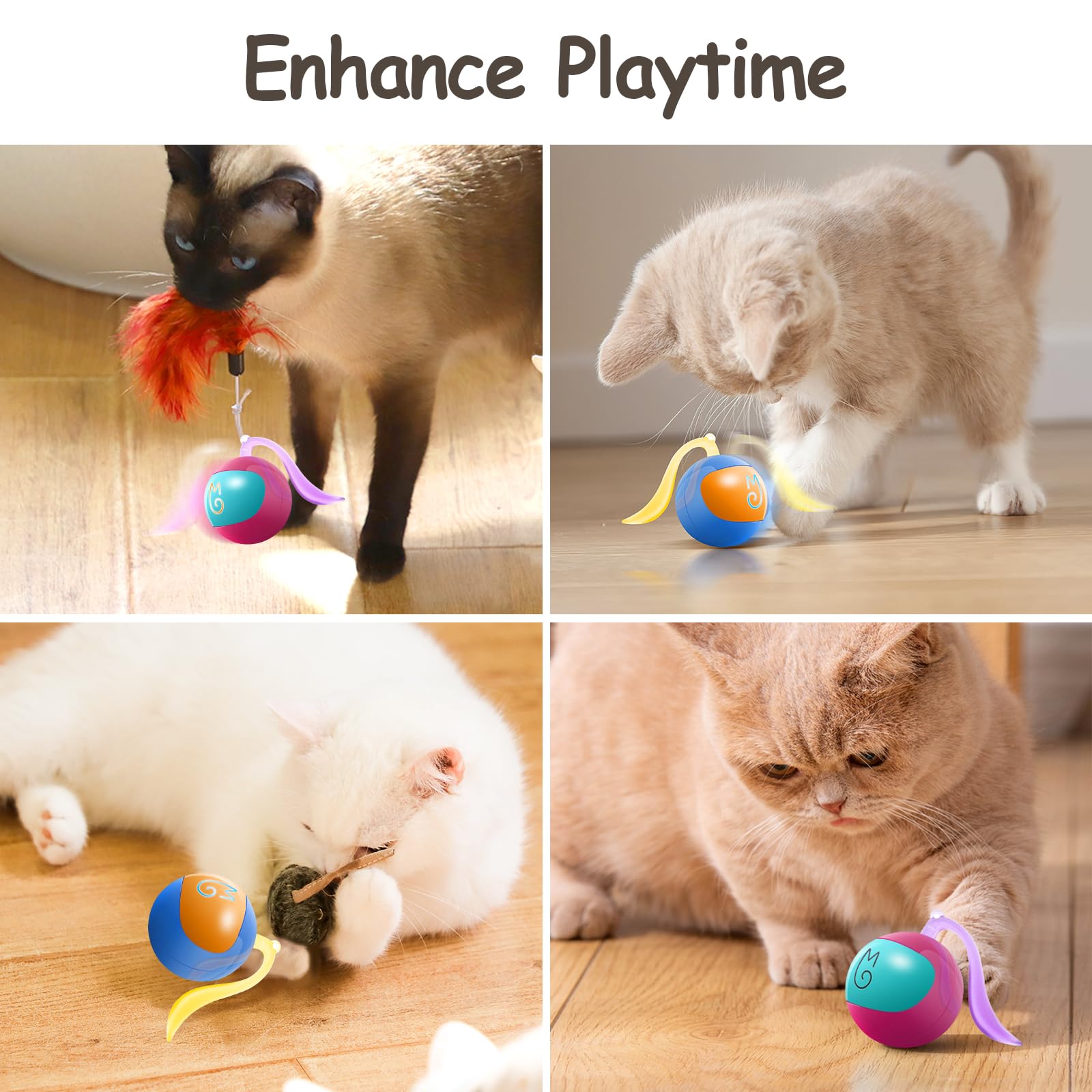 Migipaws Interactive Cat Ball Toy Set, Fun Tracker, Automatic Rolling Chase Ball With Fluffy Tail, A Small Mice, Rechargeable (B